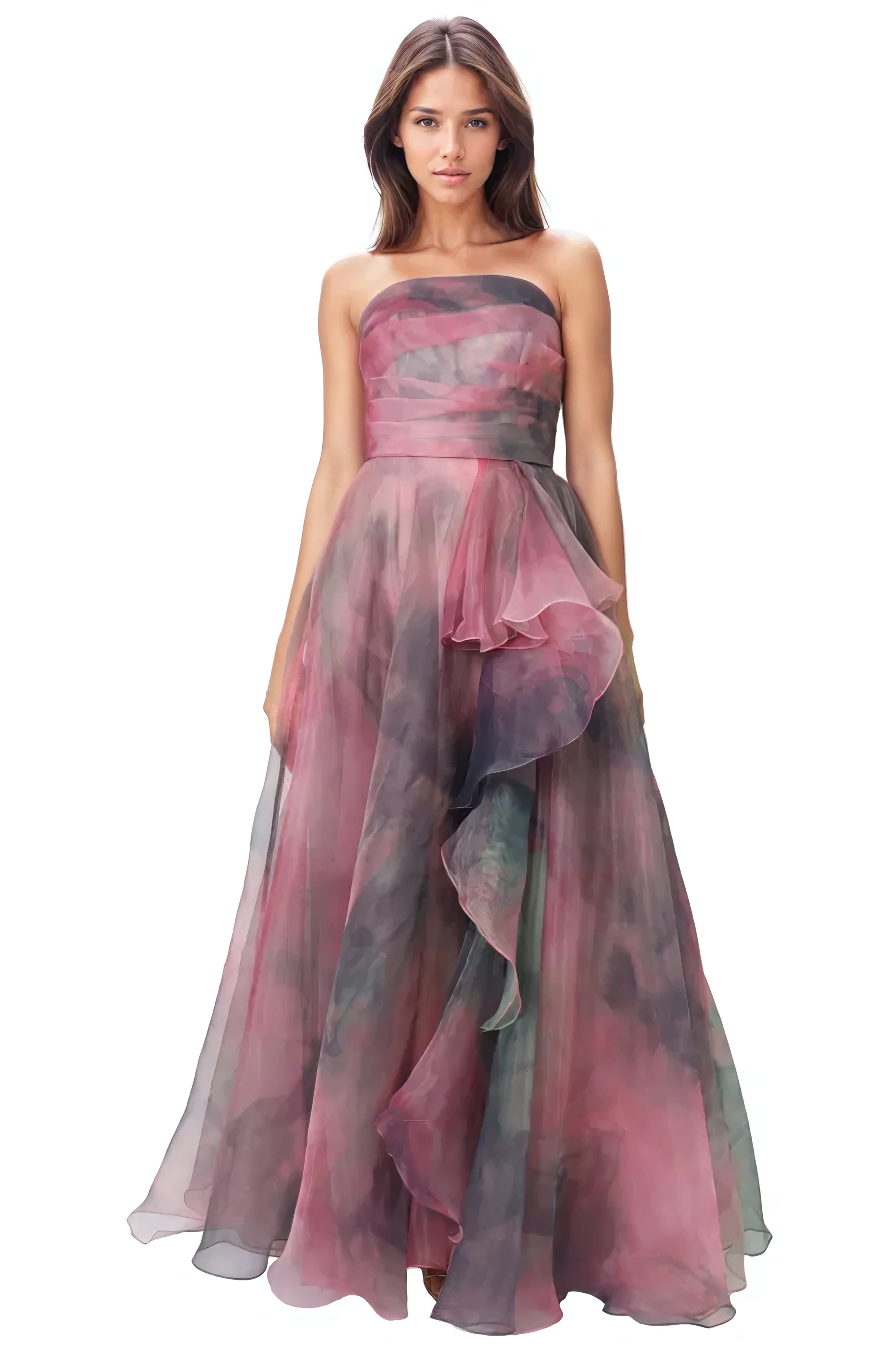 Strapless Ruffled Organza A-Line Gown  