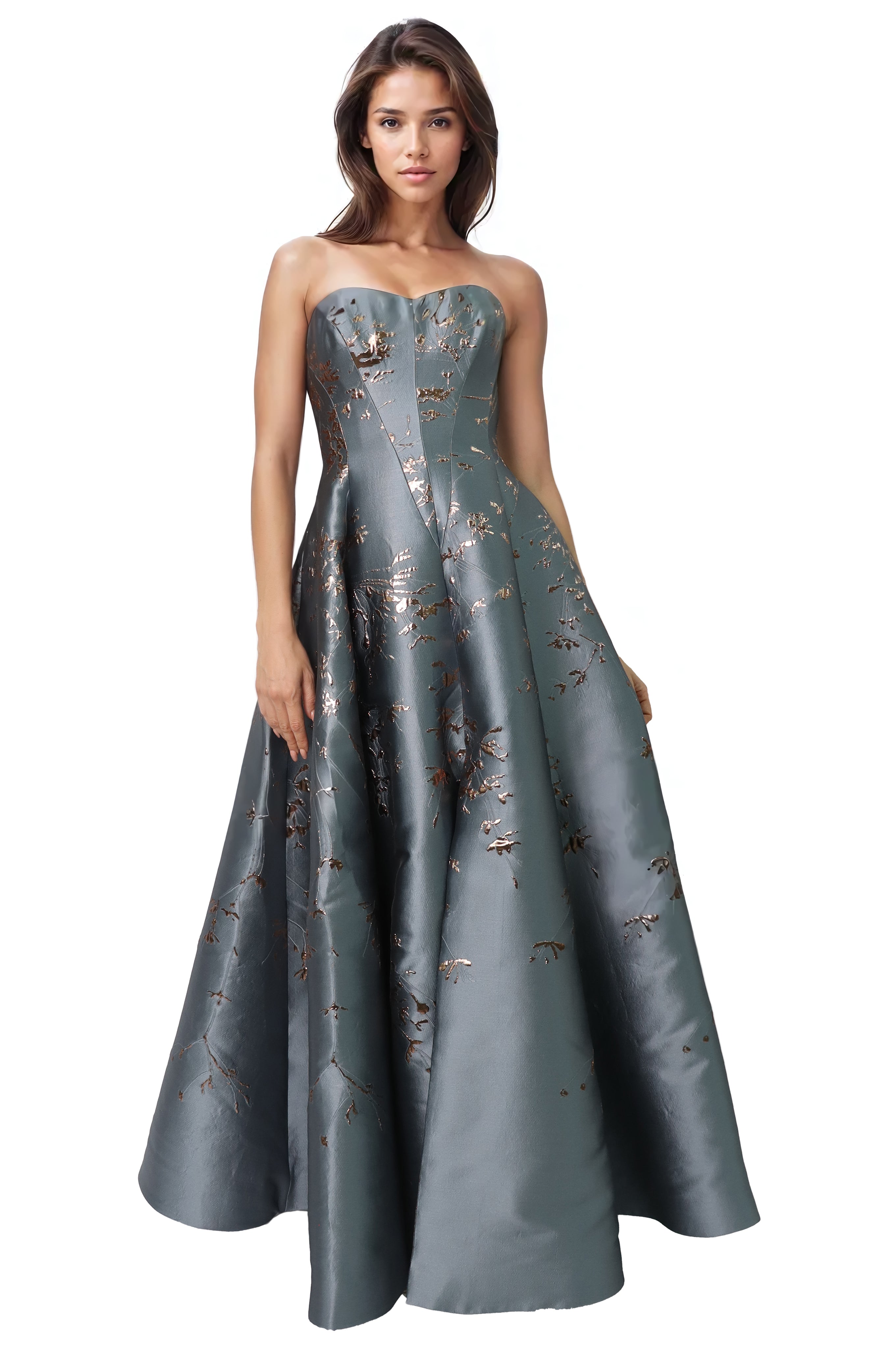 Floral Sweetheart A-Line Brocade Gown With Slit  