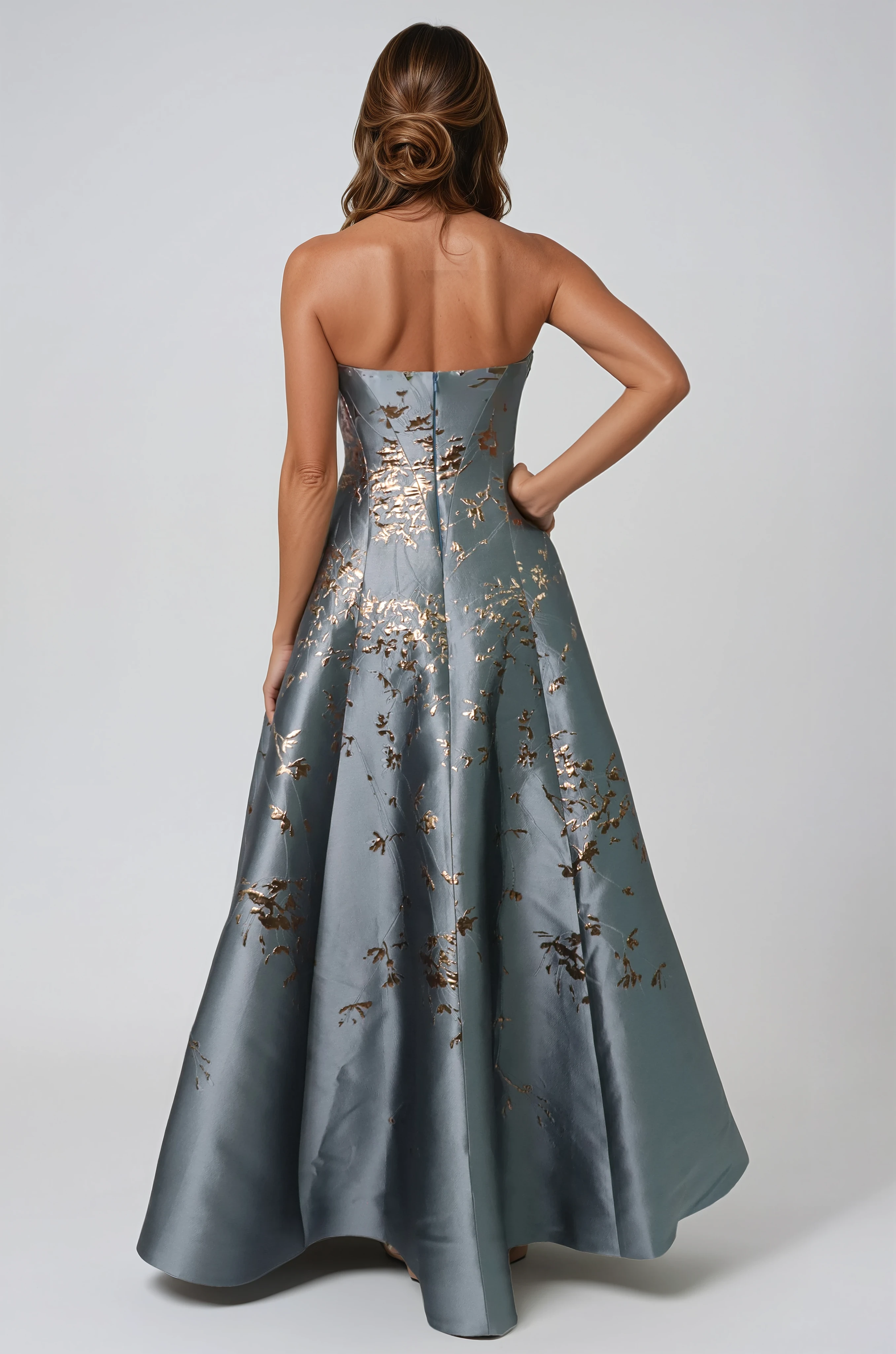 Floral Sweetheart A-Line Brocade Gown With Slit Gown Rene Ruiz Collection