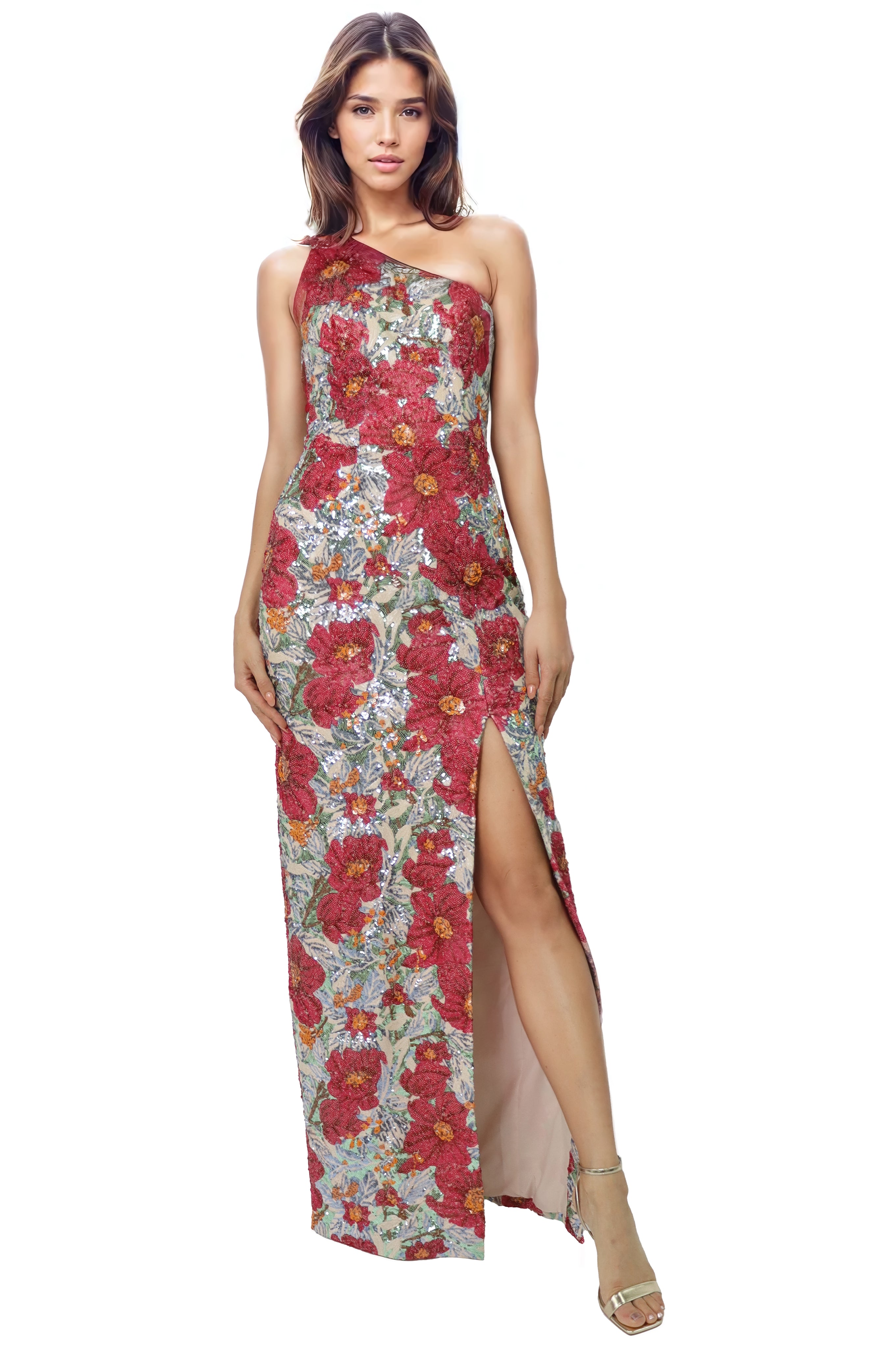 One Shoulder Sequin Floral Column Gown with High Slit  