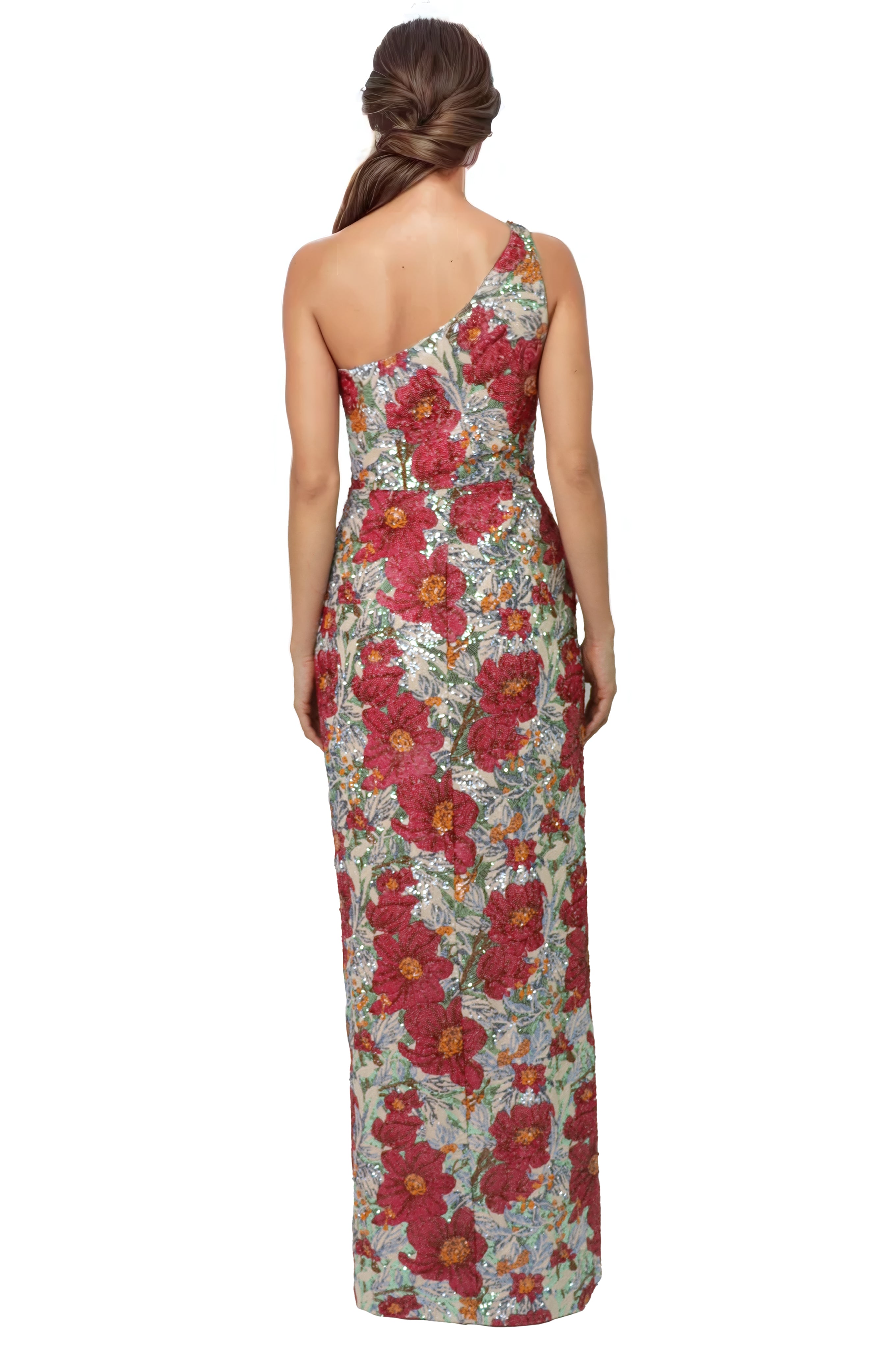 One Shoulder Sequin Floral Column Gown with High Slit  