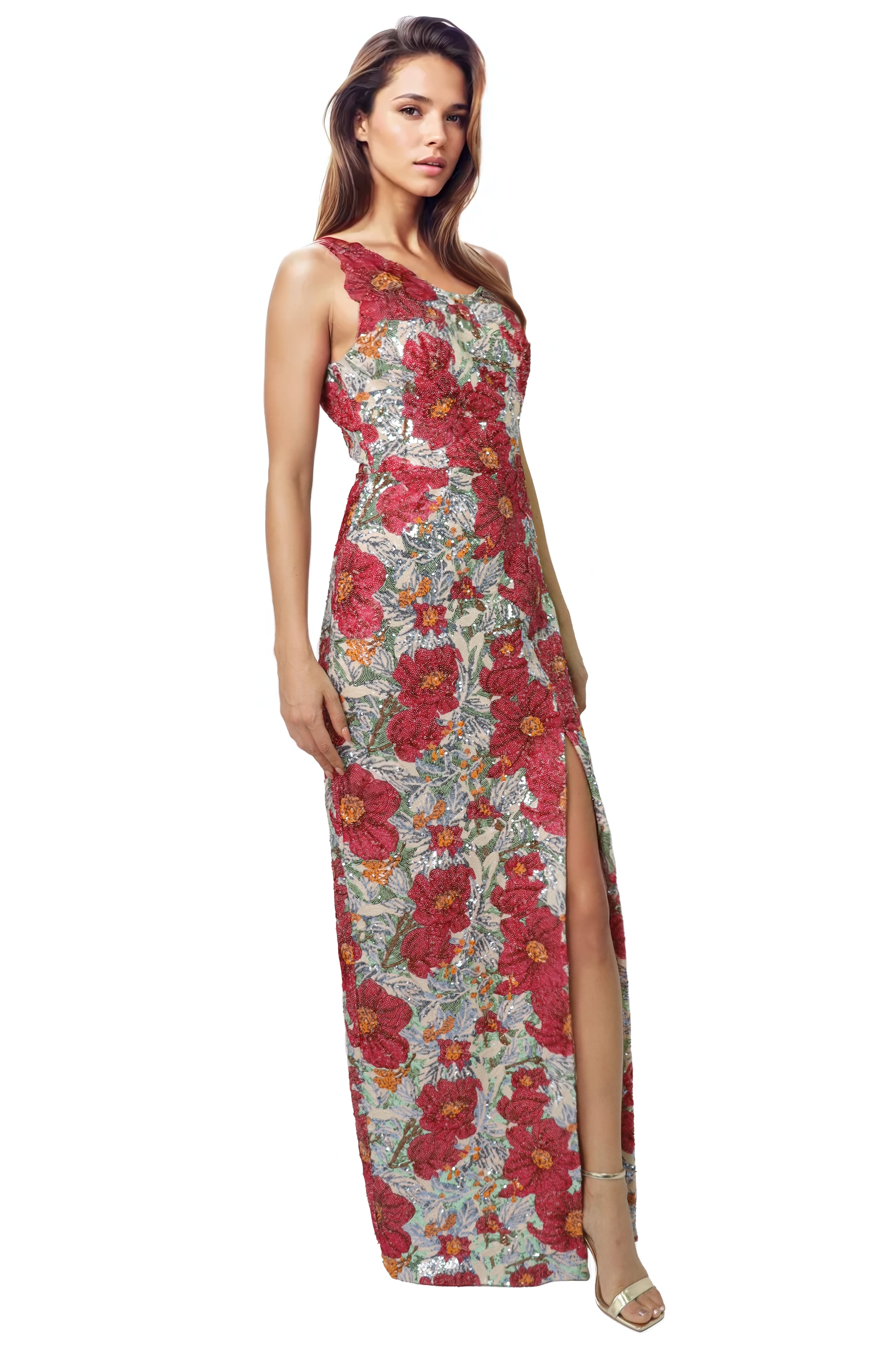 One Shoulder Sequin Floral Column Gown with High Slit  