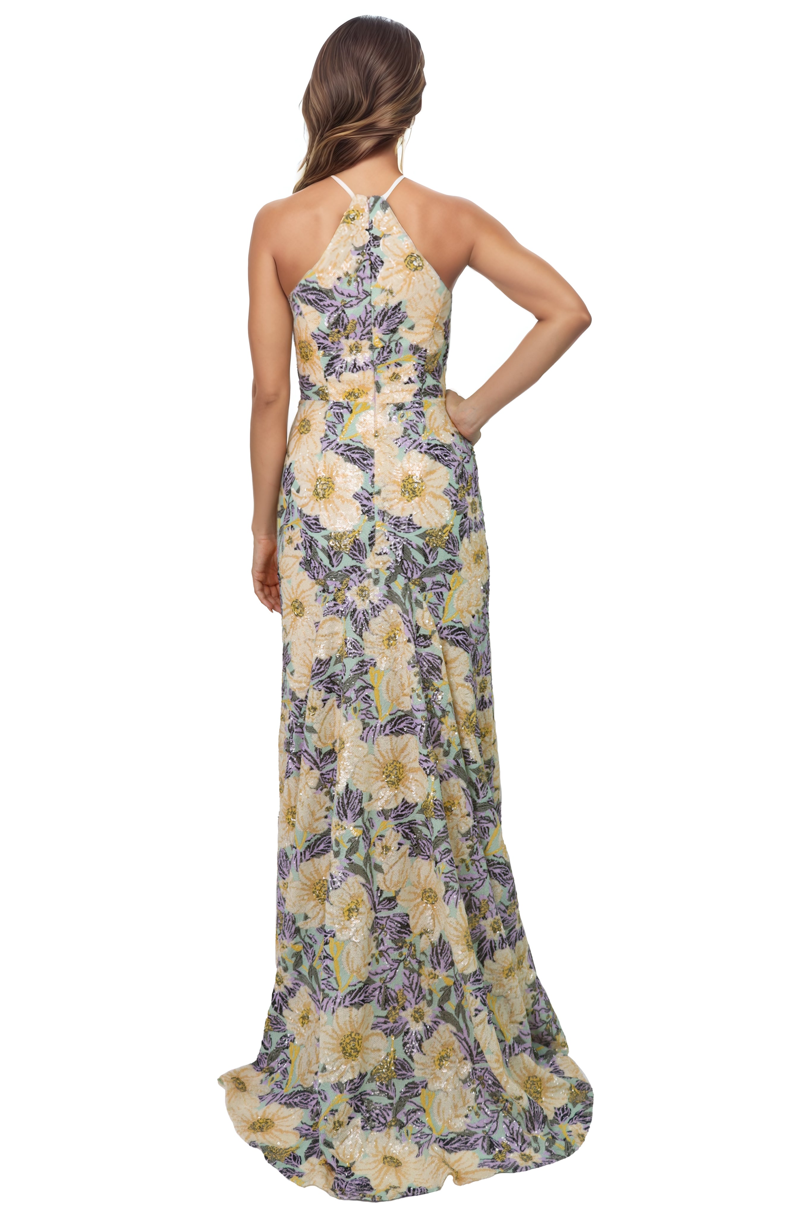 Halter Floral Sequin Fit And Flare Gown  