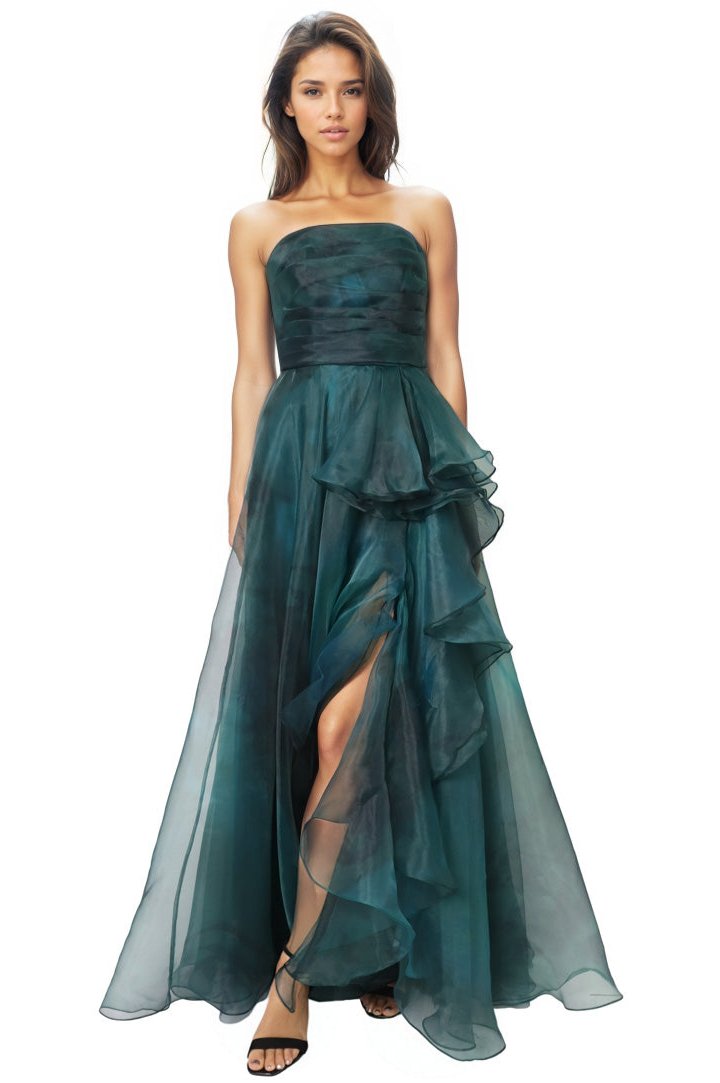 Strapless Ruffled Organza A-Line Gown  