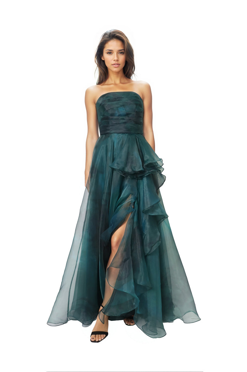 Strapless Ruffled Organza A-Line Gown  