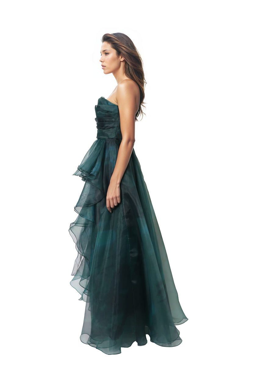 Strapless Ruffled Organza A-Line Gown  