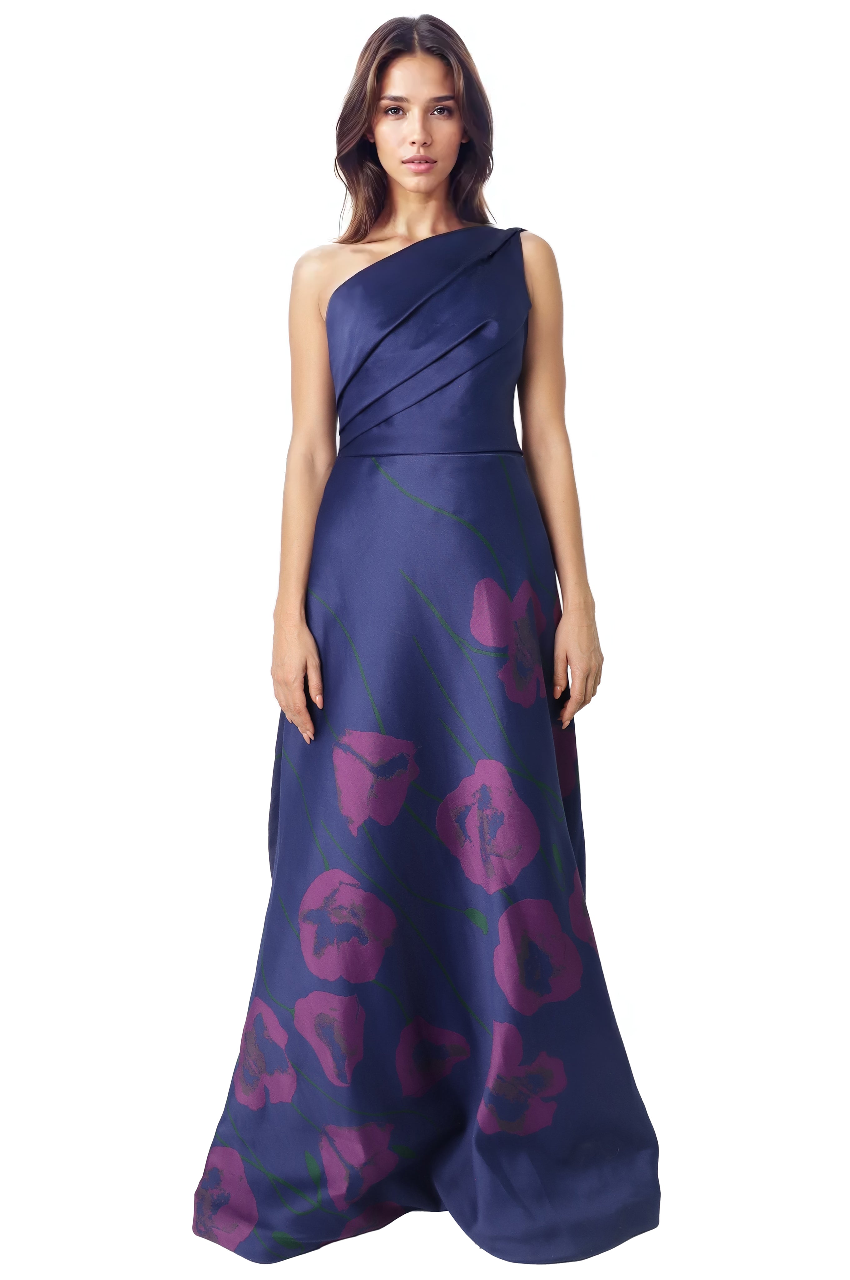 One Shoulder Floral Faille A-Line Gown  