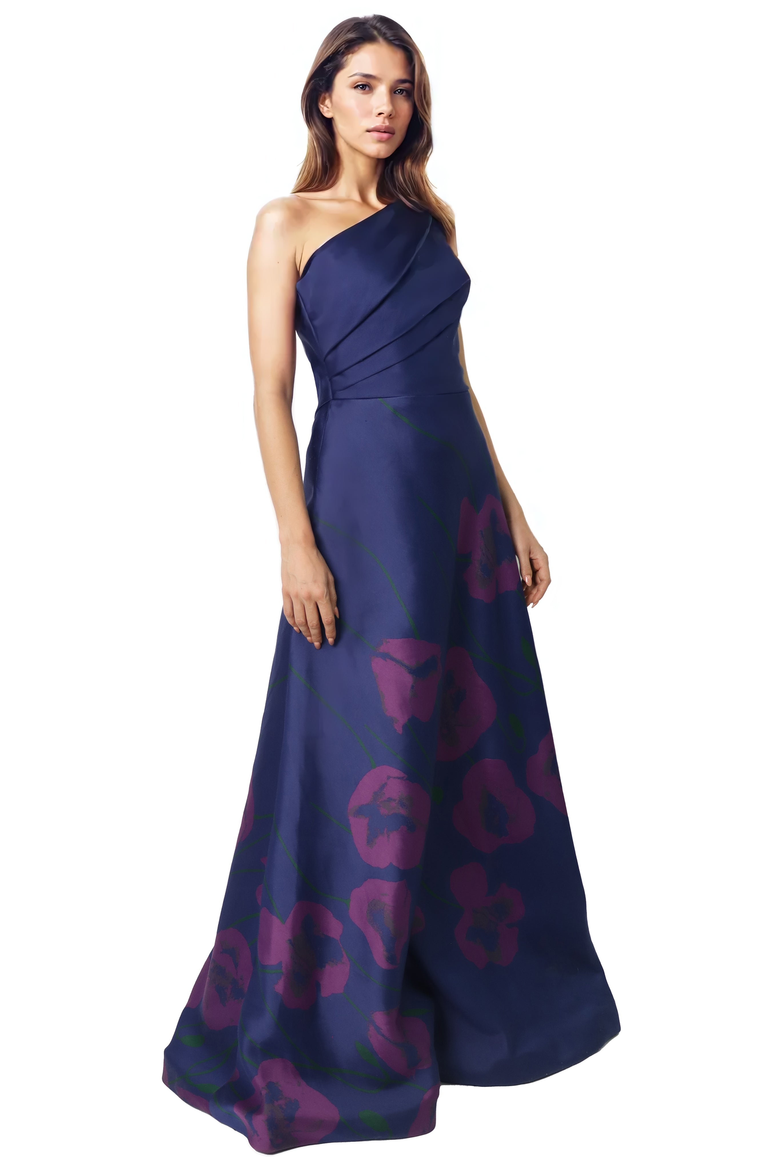 One Shoulder Floral Faille A-Line Gown  