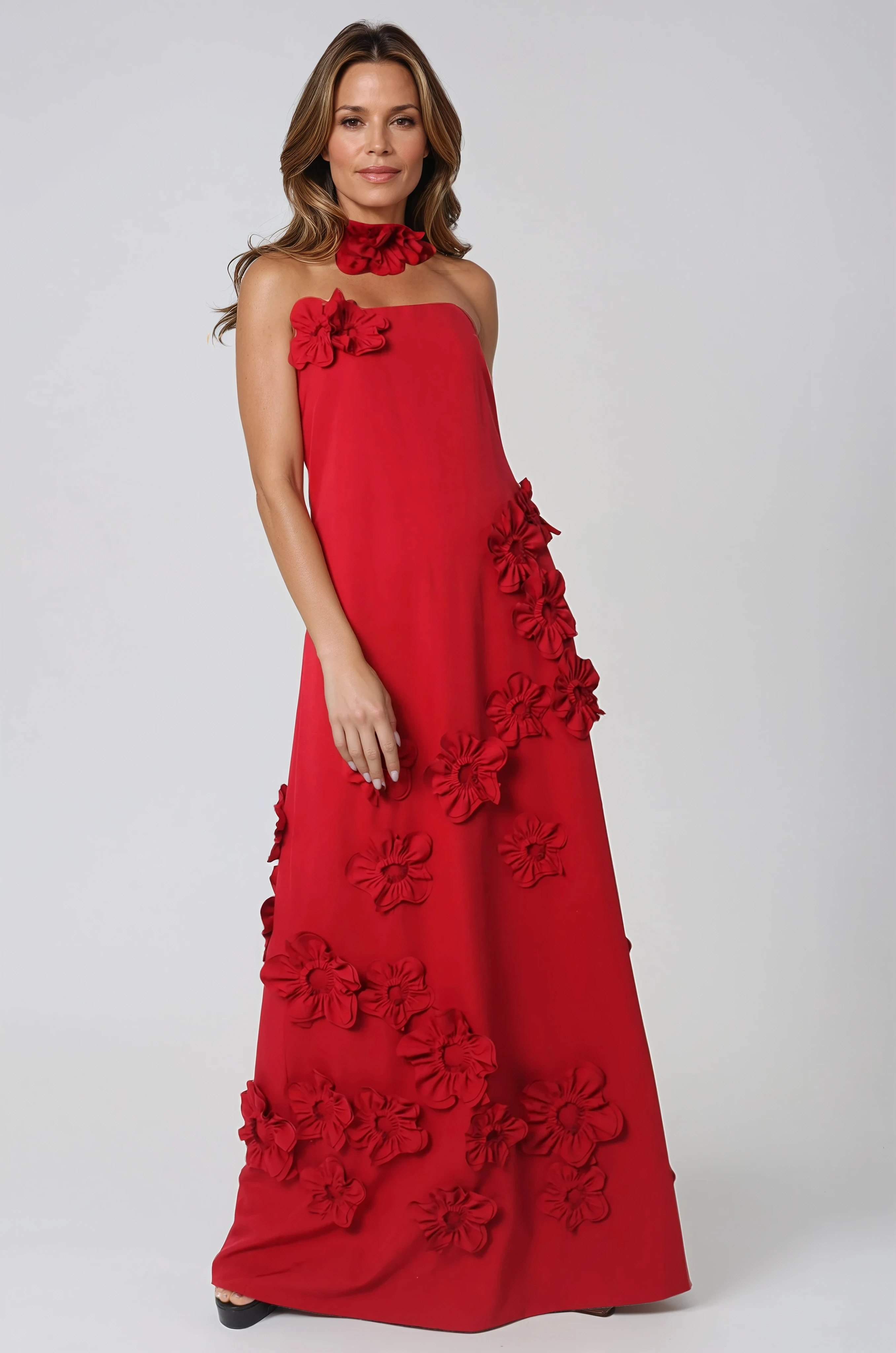 Strapless Floral Appliqué A-Line Crepe Gown Gown Rene Ruiz Collection