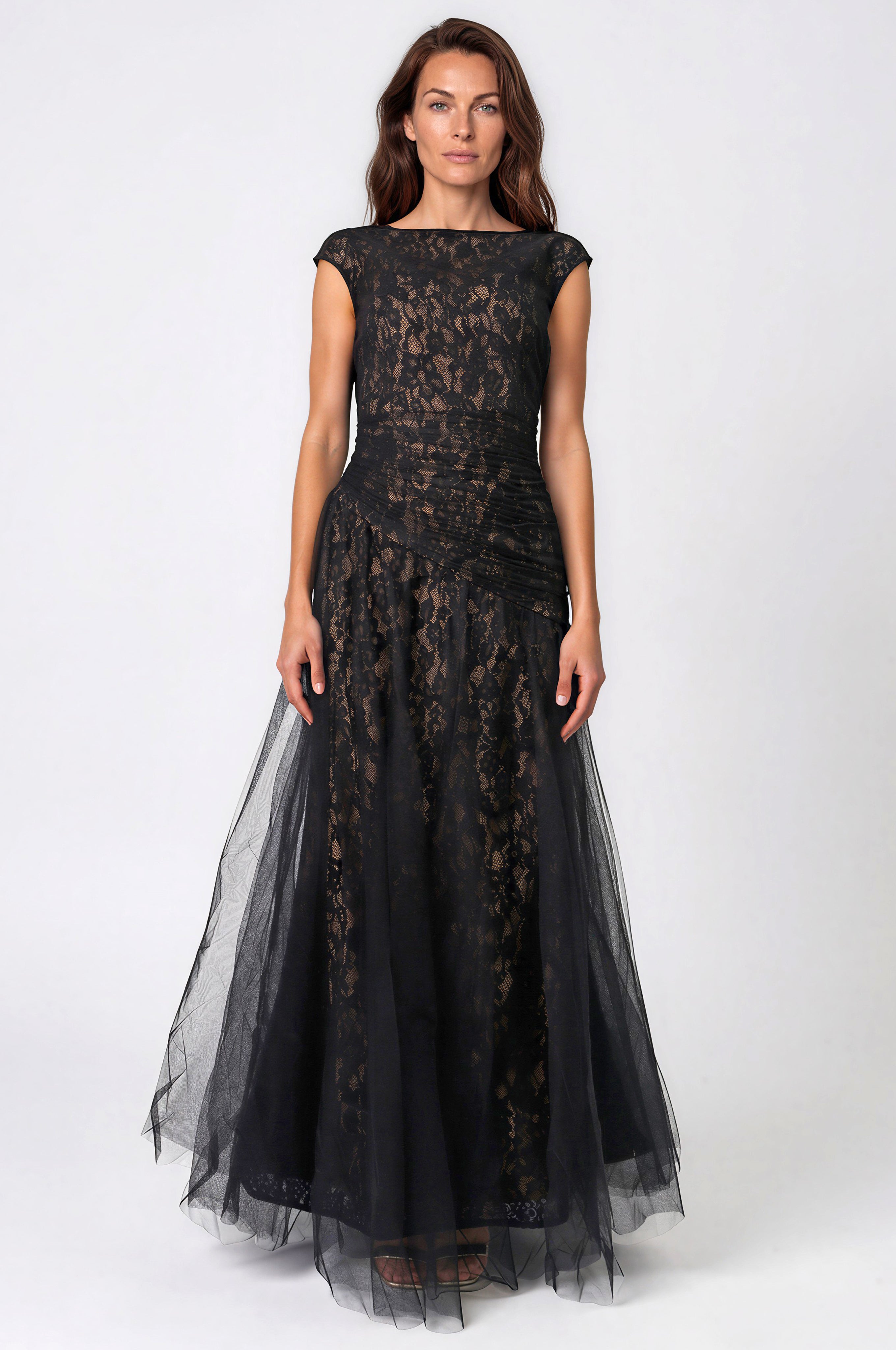 Bateau Neck Lace Tulle A-Line Gown Gown Rene Ruiz Collection