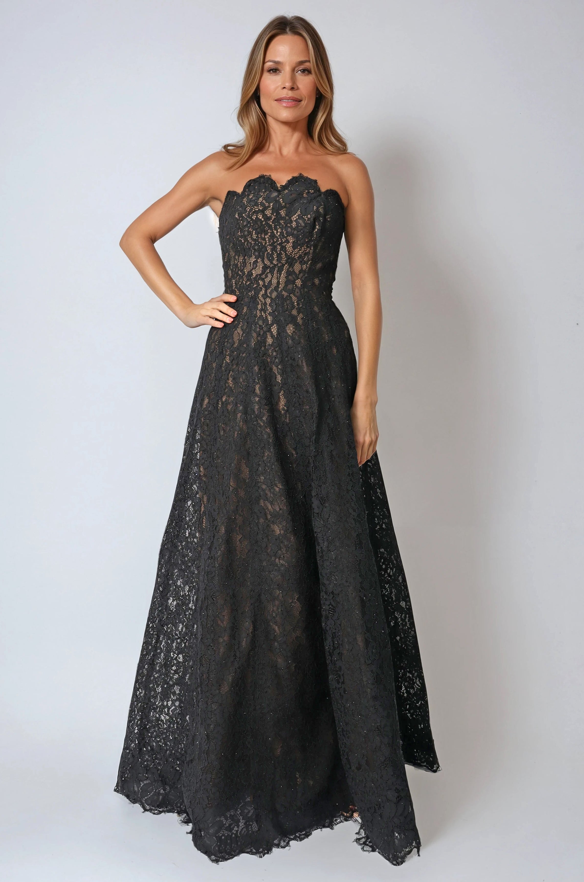 Strapless Paneled Lace A-line Gown