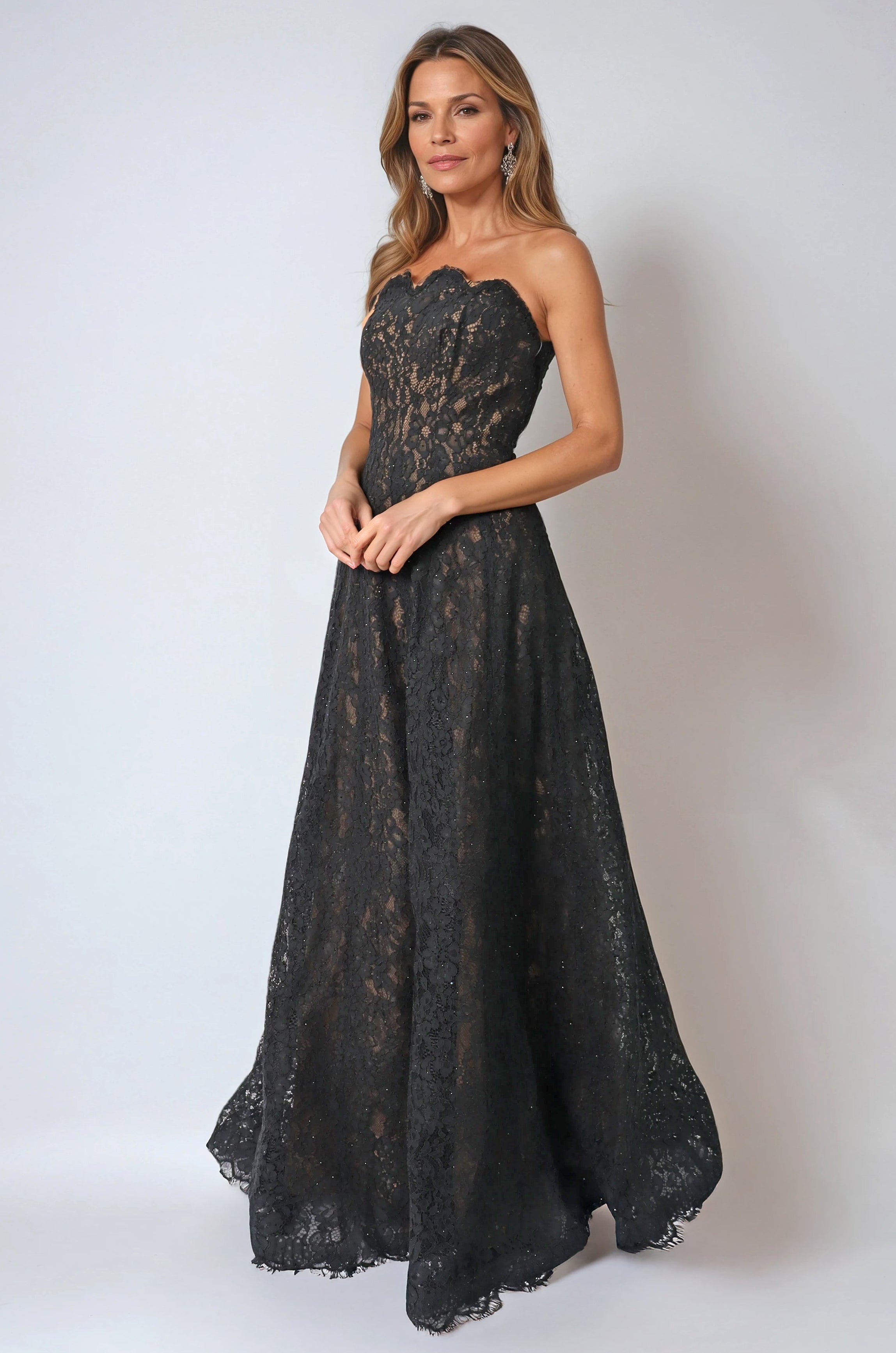 Strapless Paneled Lace A-line Gown