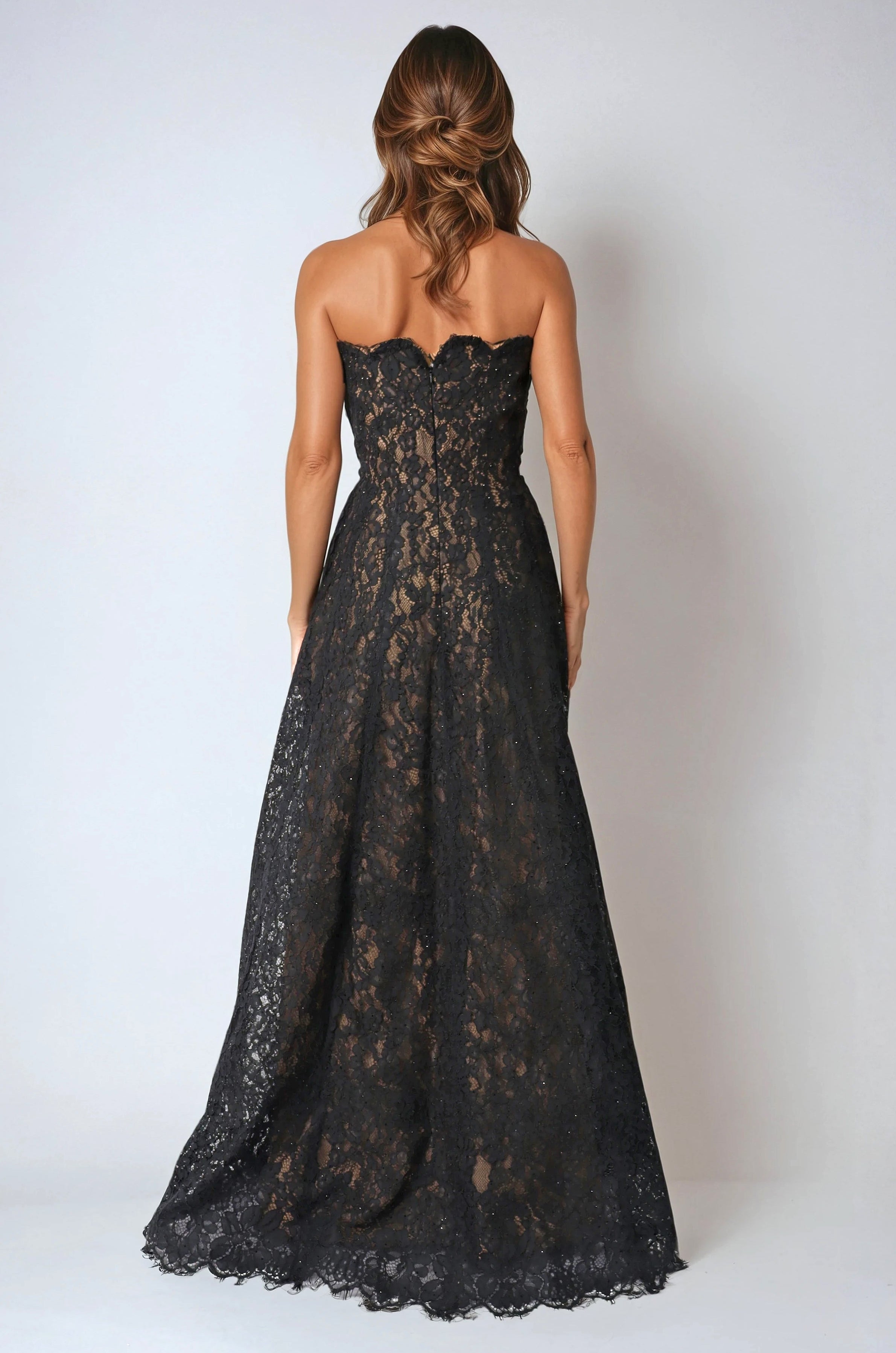 Strapless Paneled Lace A-line Gown
