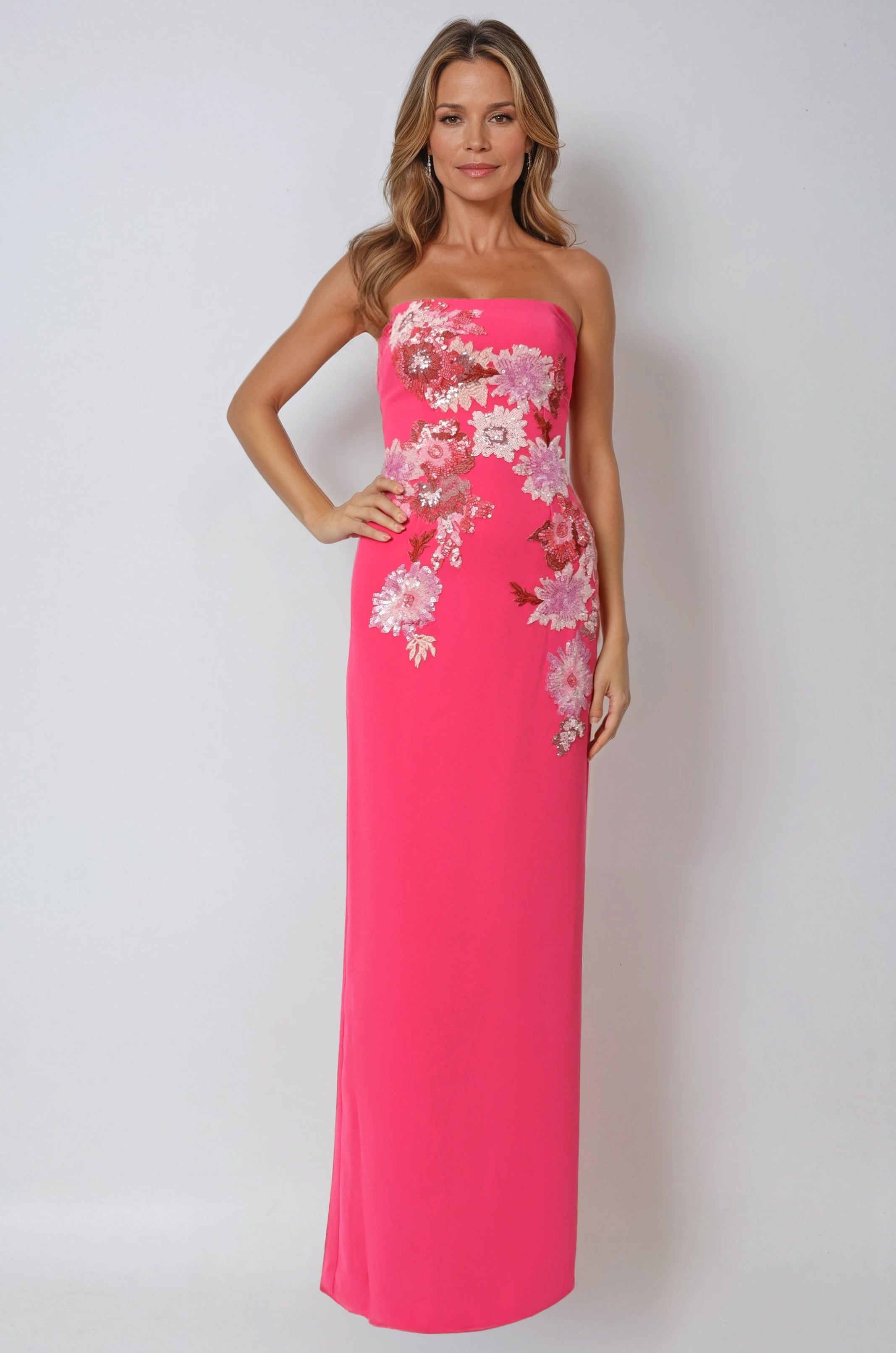 Strapless Floral Sequin Crepe Column Gown Gown Rene Ruiz Collection