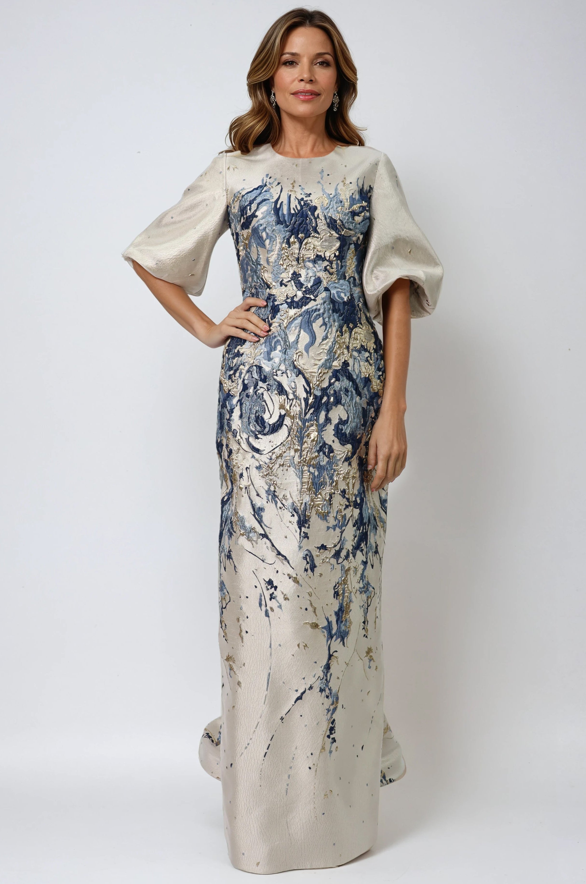 3/4 Puff Sleeve Brocade Gown Gown Rene Ruiz Collection