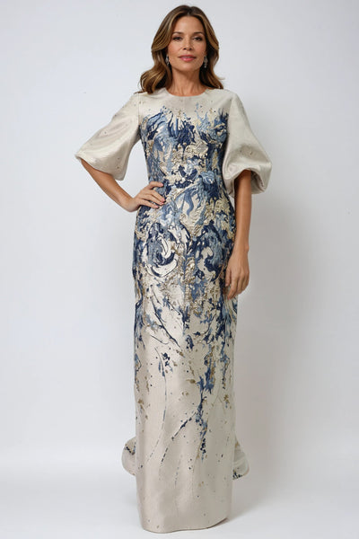 3/4 Puff Sleeve Brocade Gown