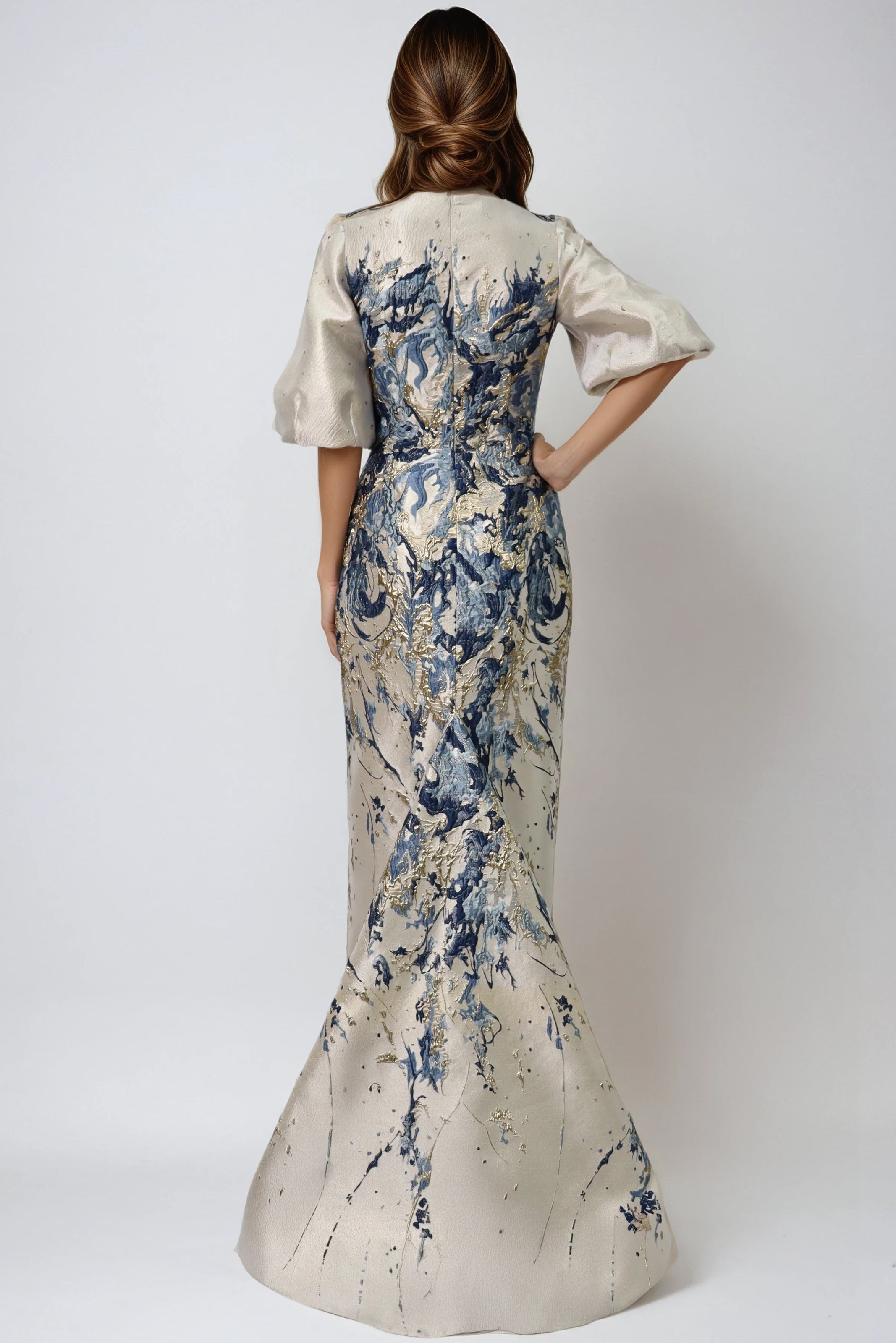 3/4 Puff Sleeve Brocade Gown Gown Rene Ruiz Collection