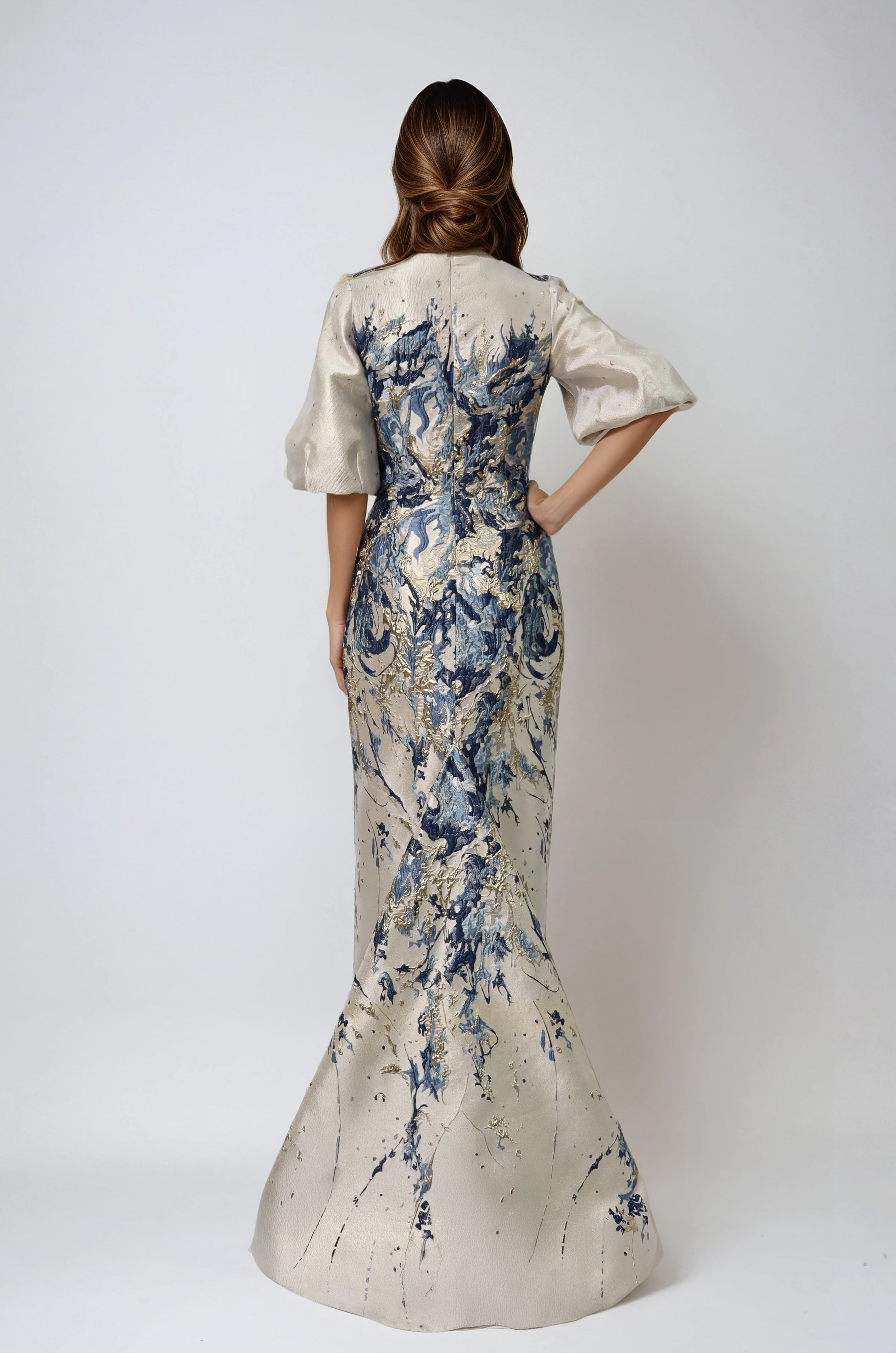 3/4 Puff Sleeve Brocade Gown Gown Rene Ruiz Collection