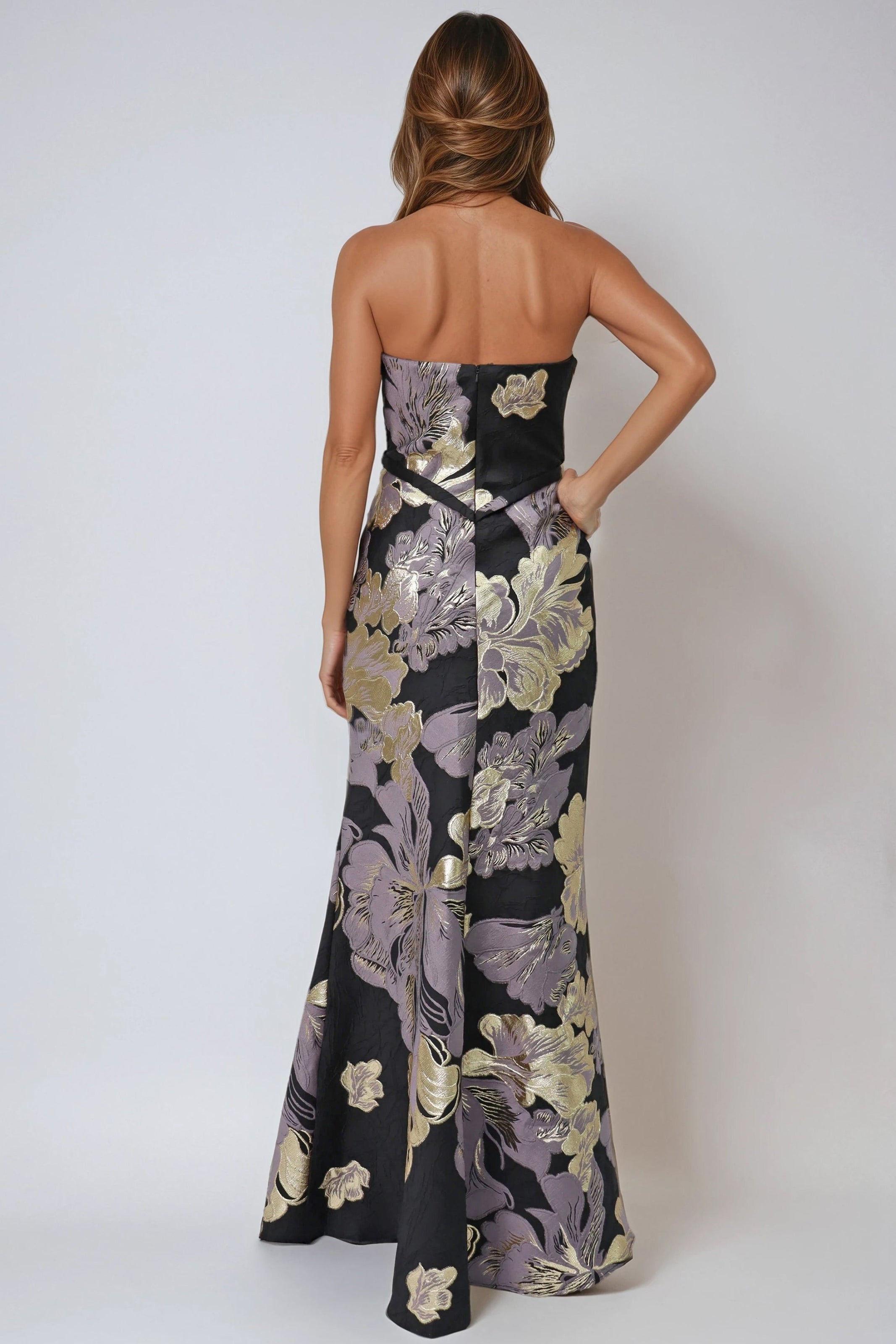 Strapless Fit and Flare Brocade Gown With Belt Gown Rene Ruiz Collection