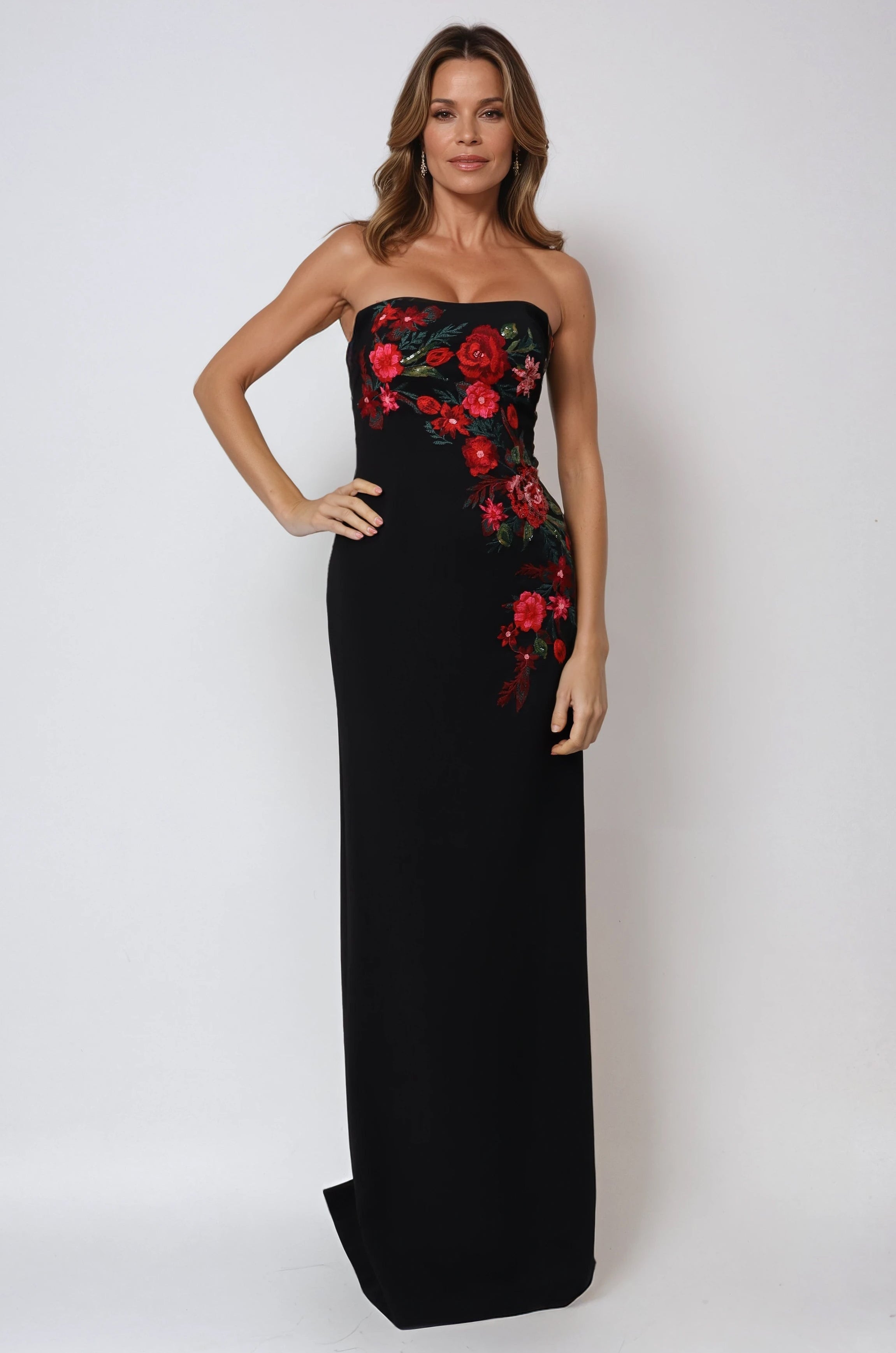 Strapless Floral Sequin Crepe Column Gown Gown Rene Ruiz Collection