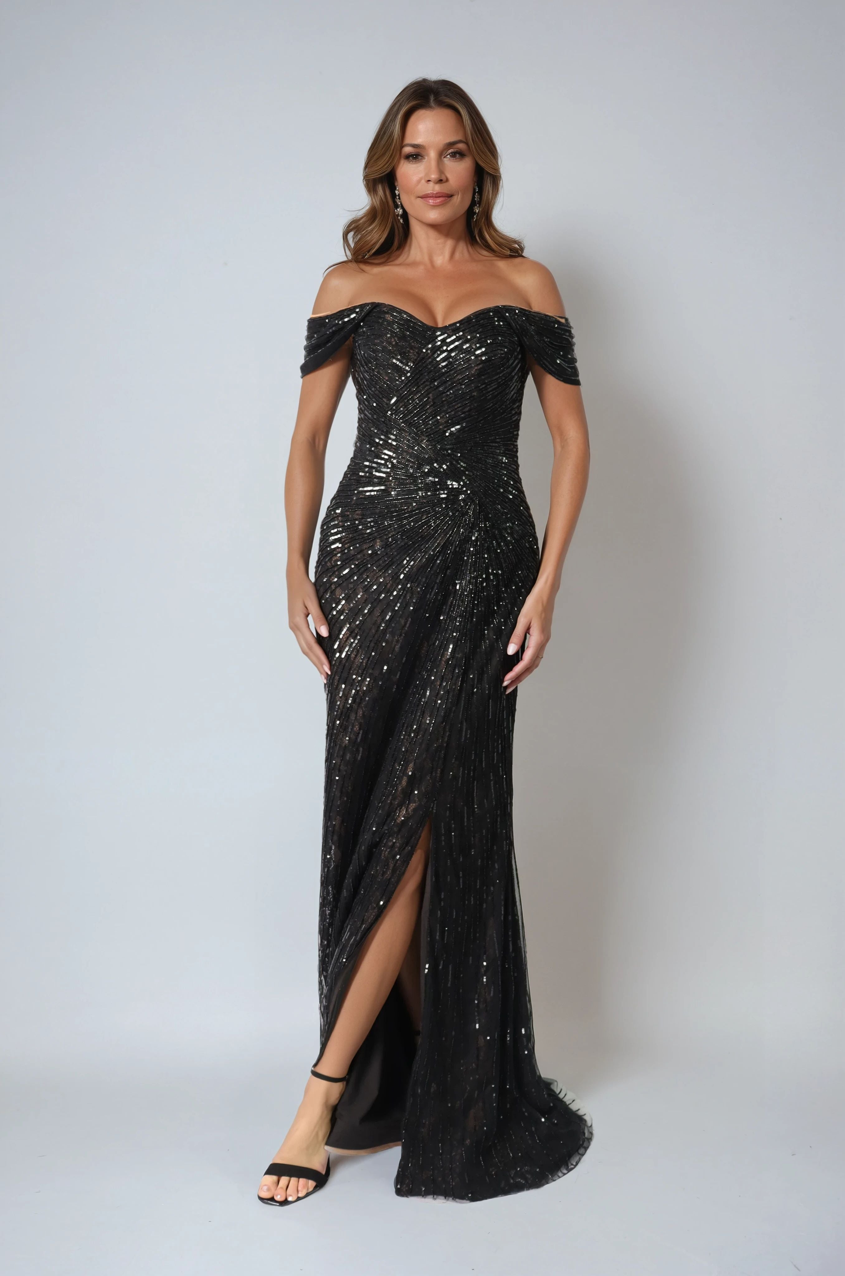 Off the Shoulder Beaded Gown Gown Rene Ruiz Collection