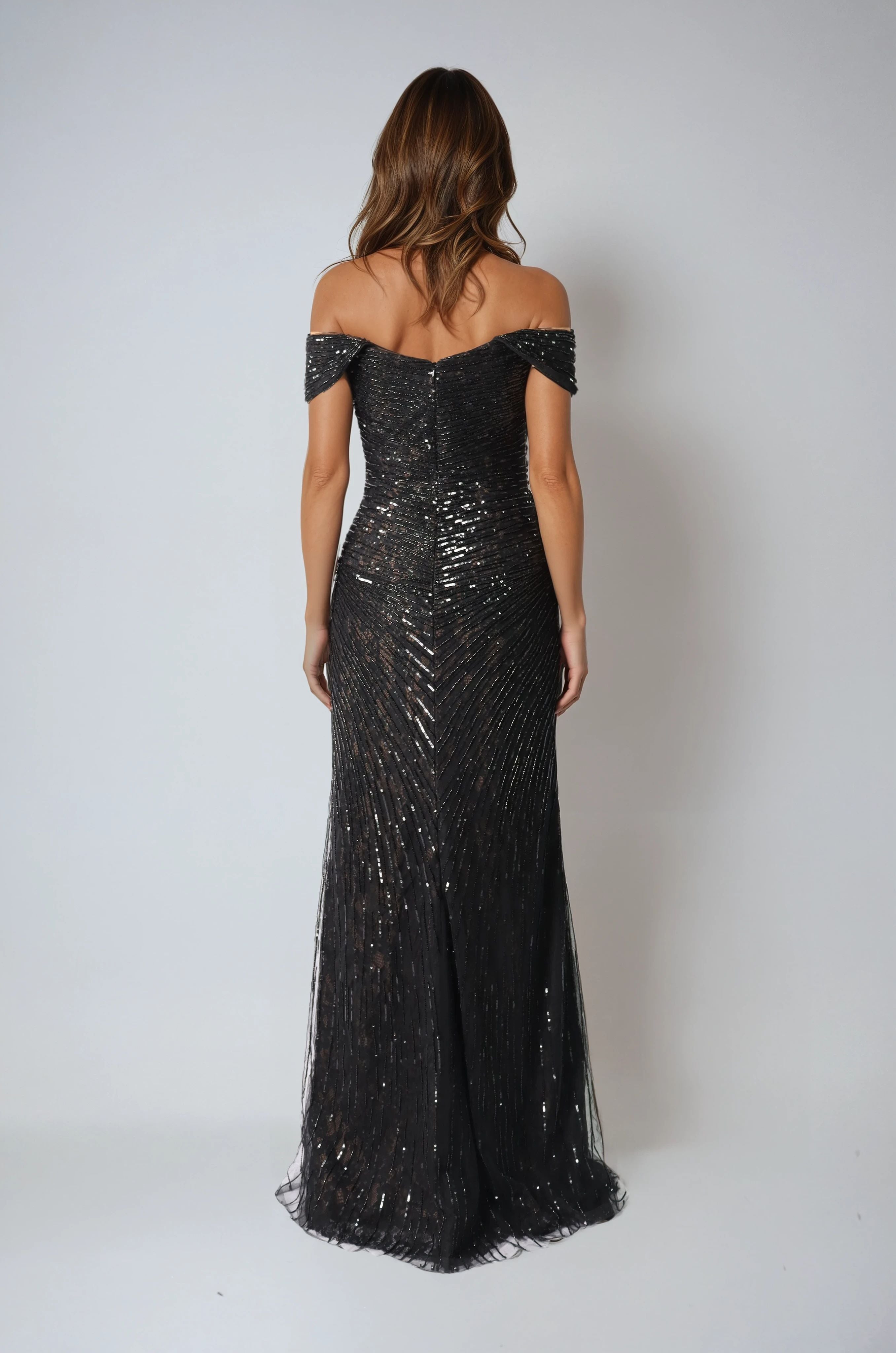 Off the Shoulder Beaded Gown Gown Rene Ruiz Collection
