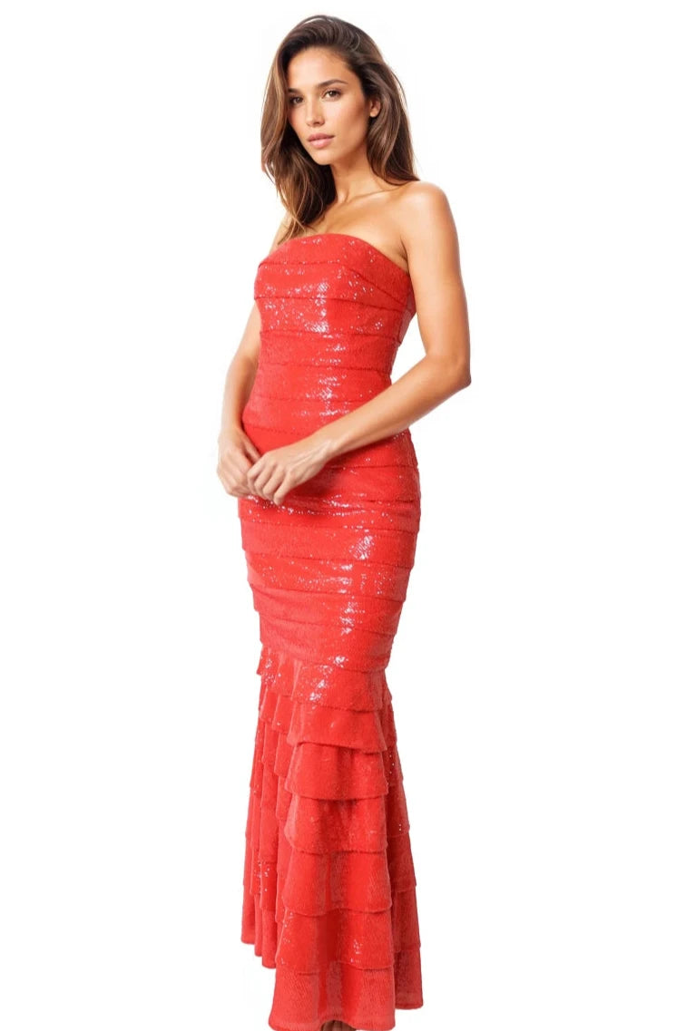 Strapless Sequin Tiered Zip Off Gown