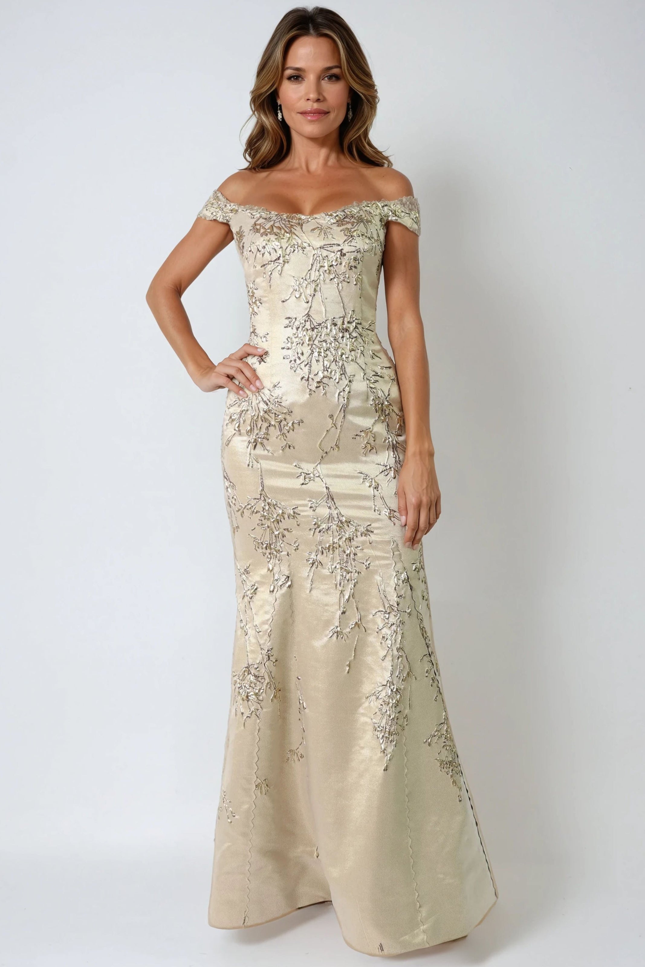 Off The Shoulder Brocade Fit And Flare Gown Gown Rene Ruiz Collection