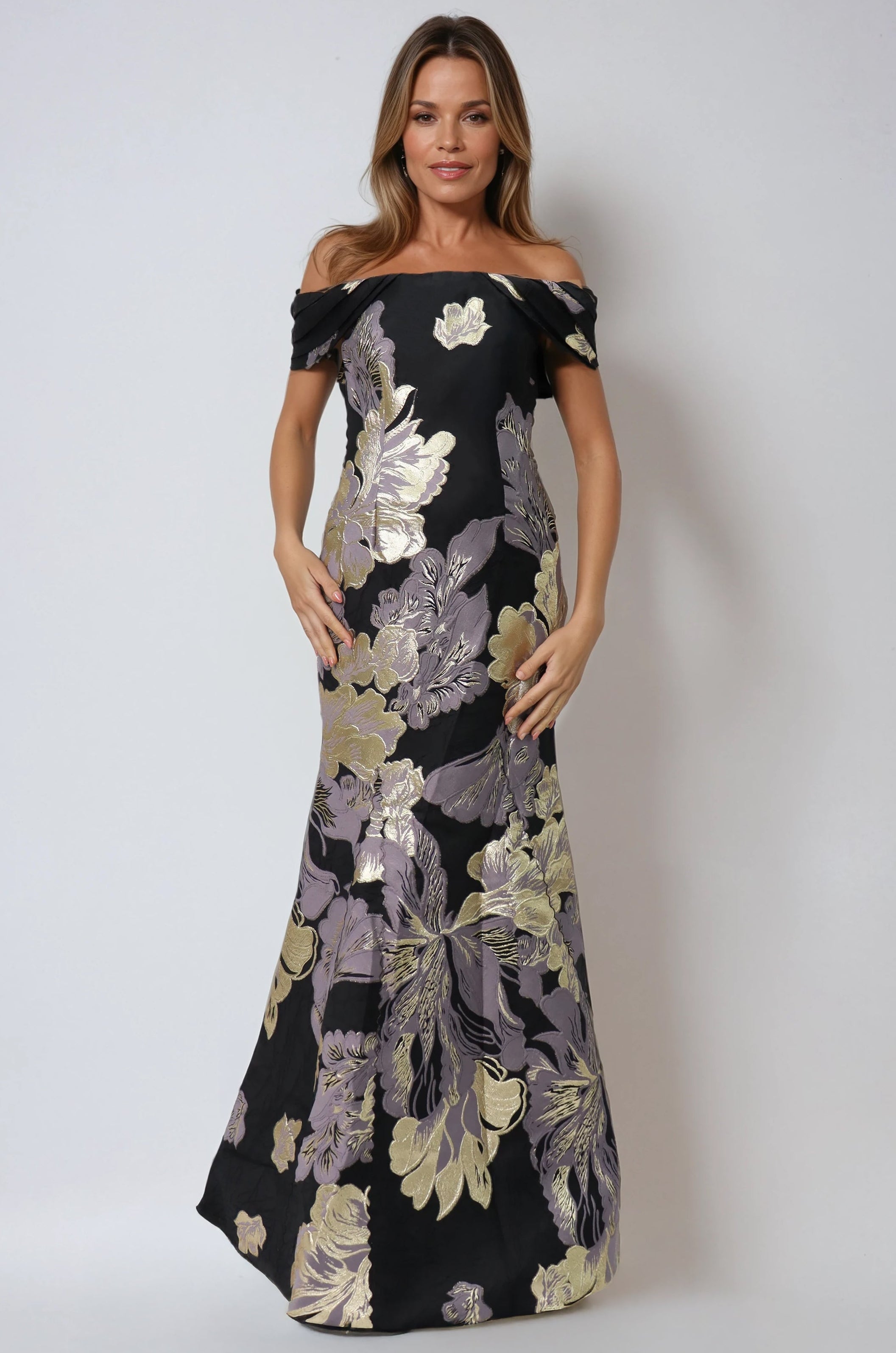 Off the Shoulder Metallic Brocade Fit and Flare Gown
