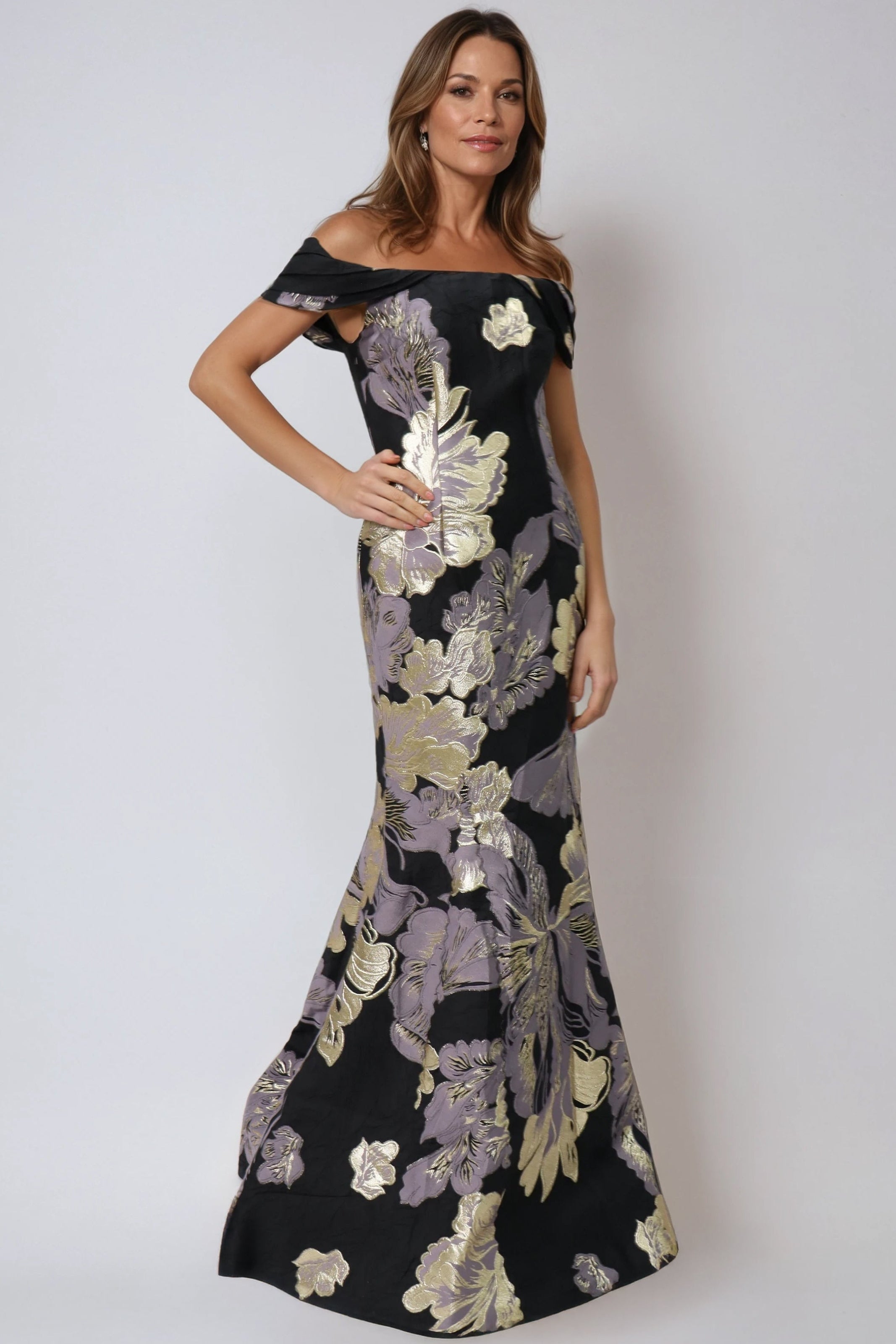 Off the Shoulder Metallic Brocade Fit and Flare Gown (MANHASSET STOCK) Gown Rene Ruiz Collection