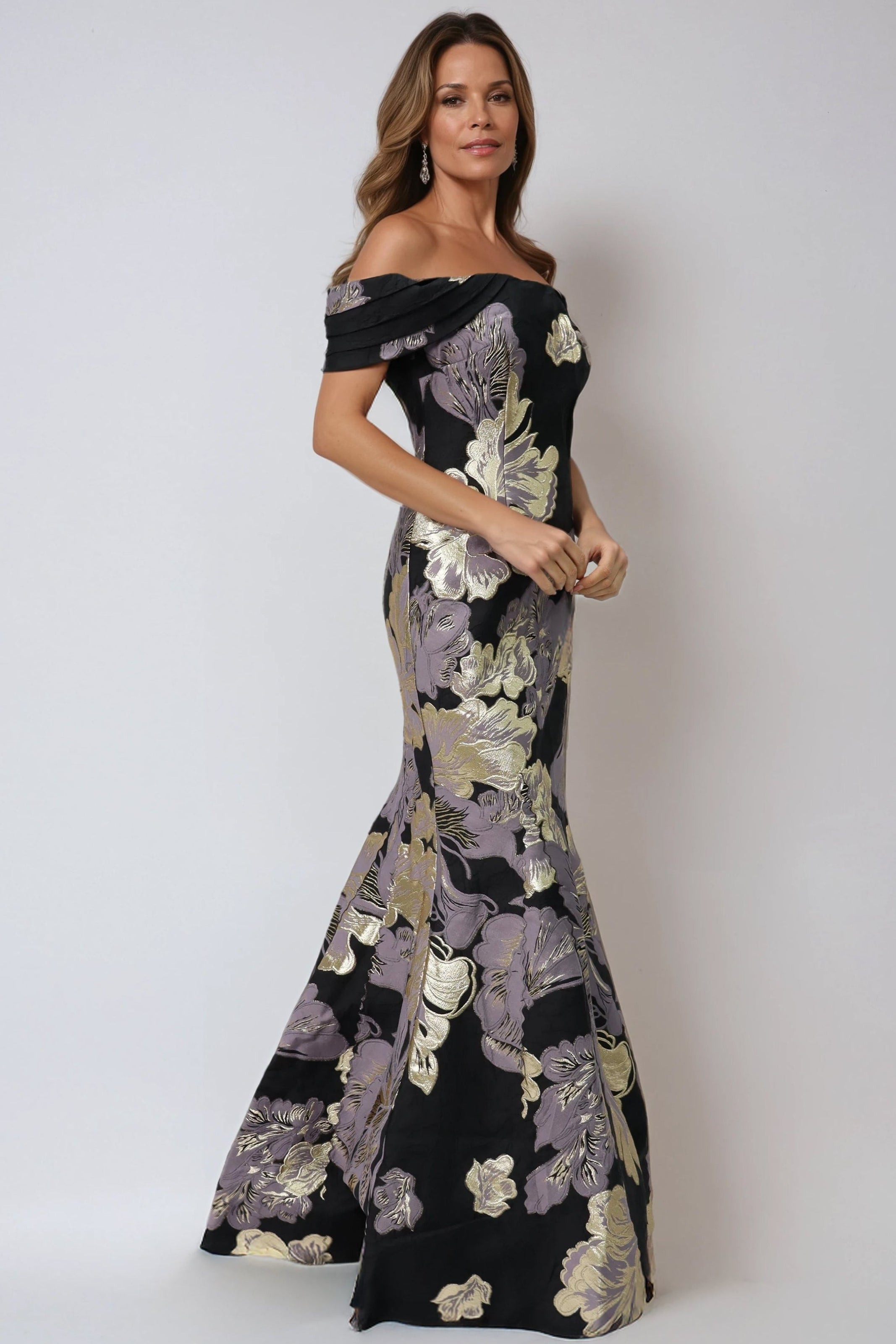 Off the Shoulder Metallic Brocade Fit and Flare Gown (MANHASSET STOCK) Gown Rene Ruiz Collection