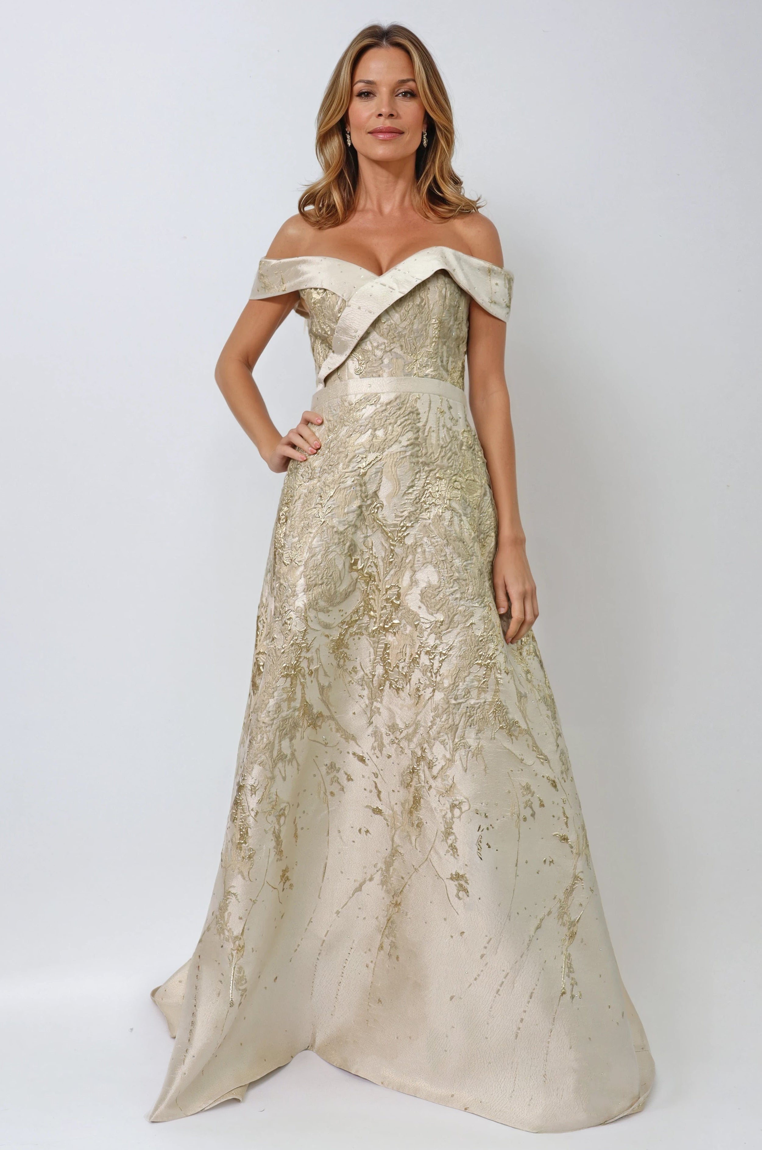Off the Shoulder Brocade A-Line Gown Gown Rene Ruiz Collection