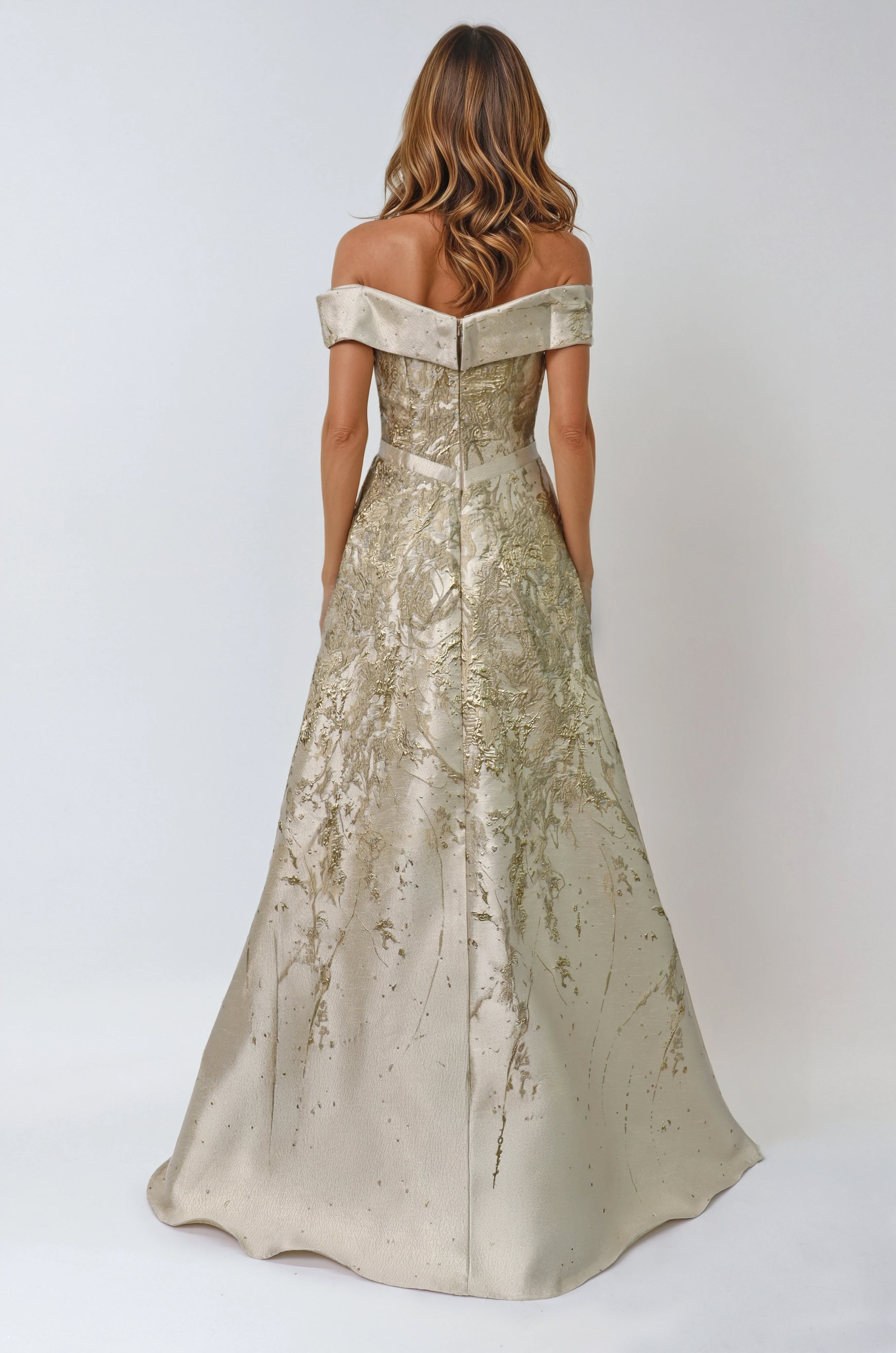 Off the Shoulder Brocade A-Line Gown Gown Rene Ruiz Collection