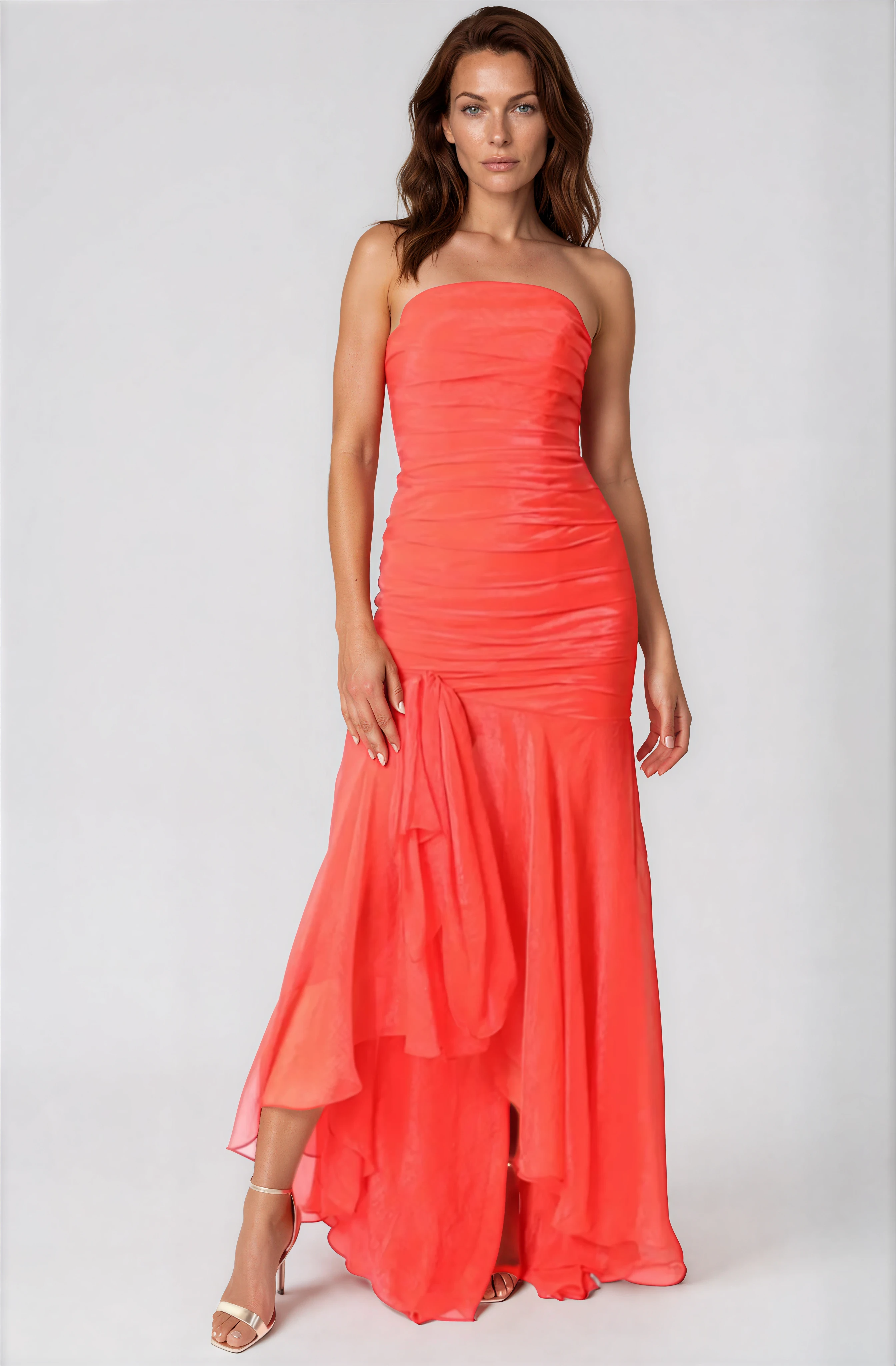 Strapless Pleated Chiffon Gown Gown Rene Ruiz Collection
