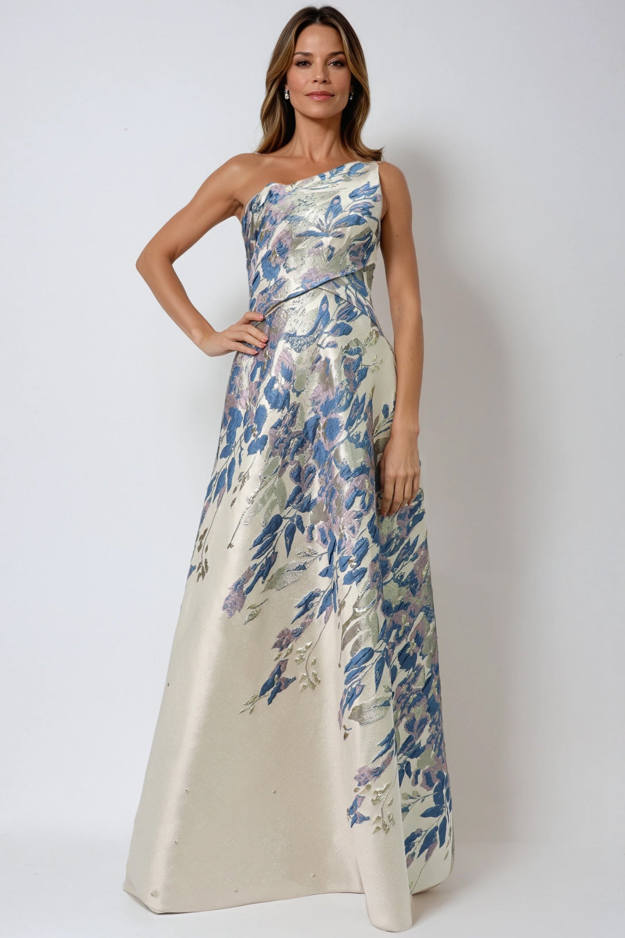 One Shoulder Brocade Metallic Floral A-Line Gown