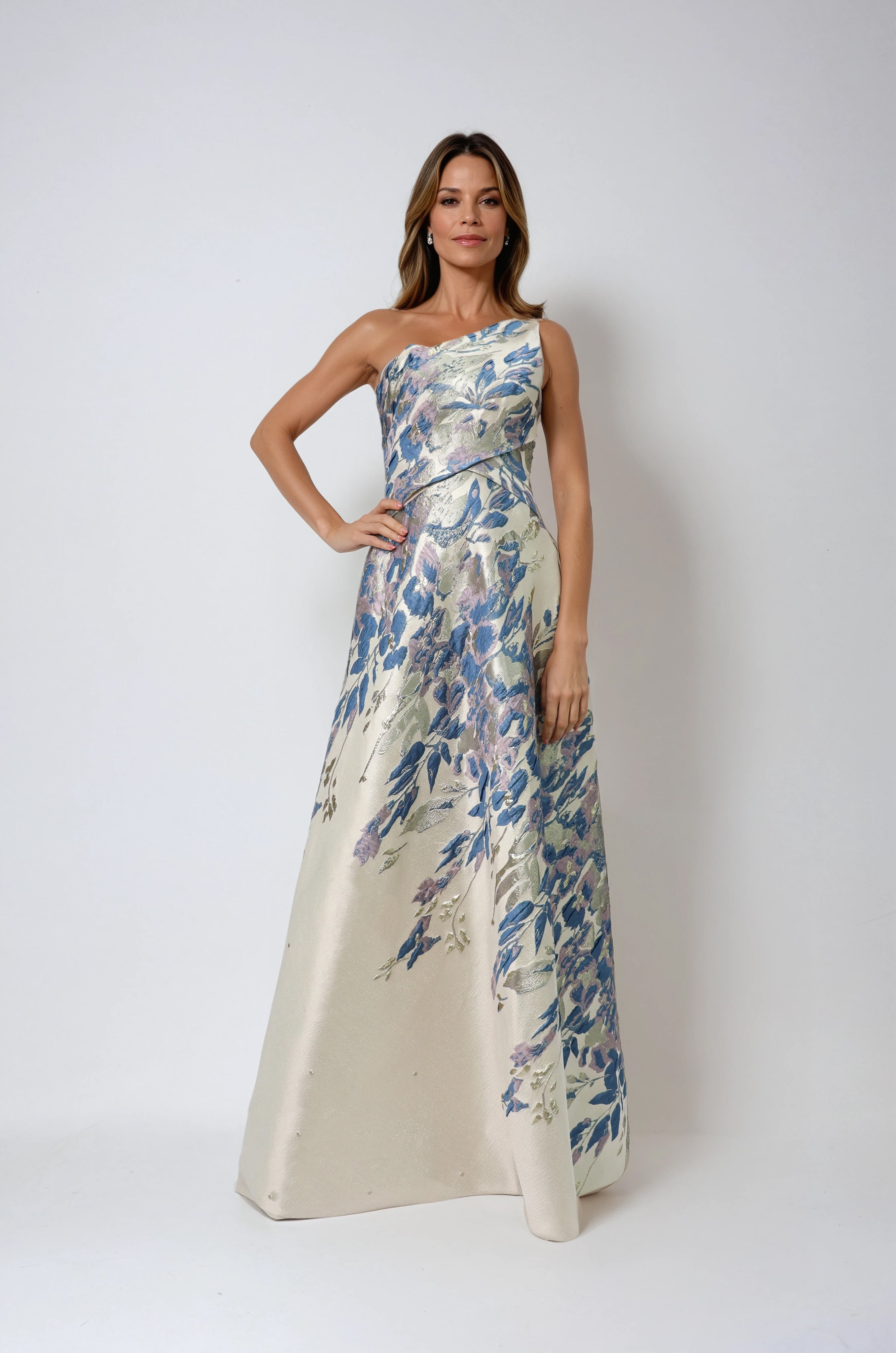 One Shoulder Brocade Metallic Floral A-Line Gown Gown Rene Ruiz Collection