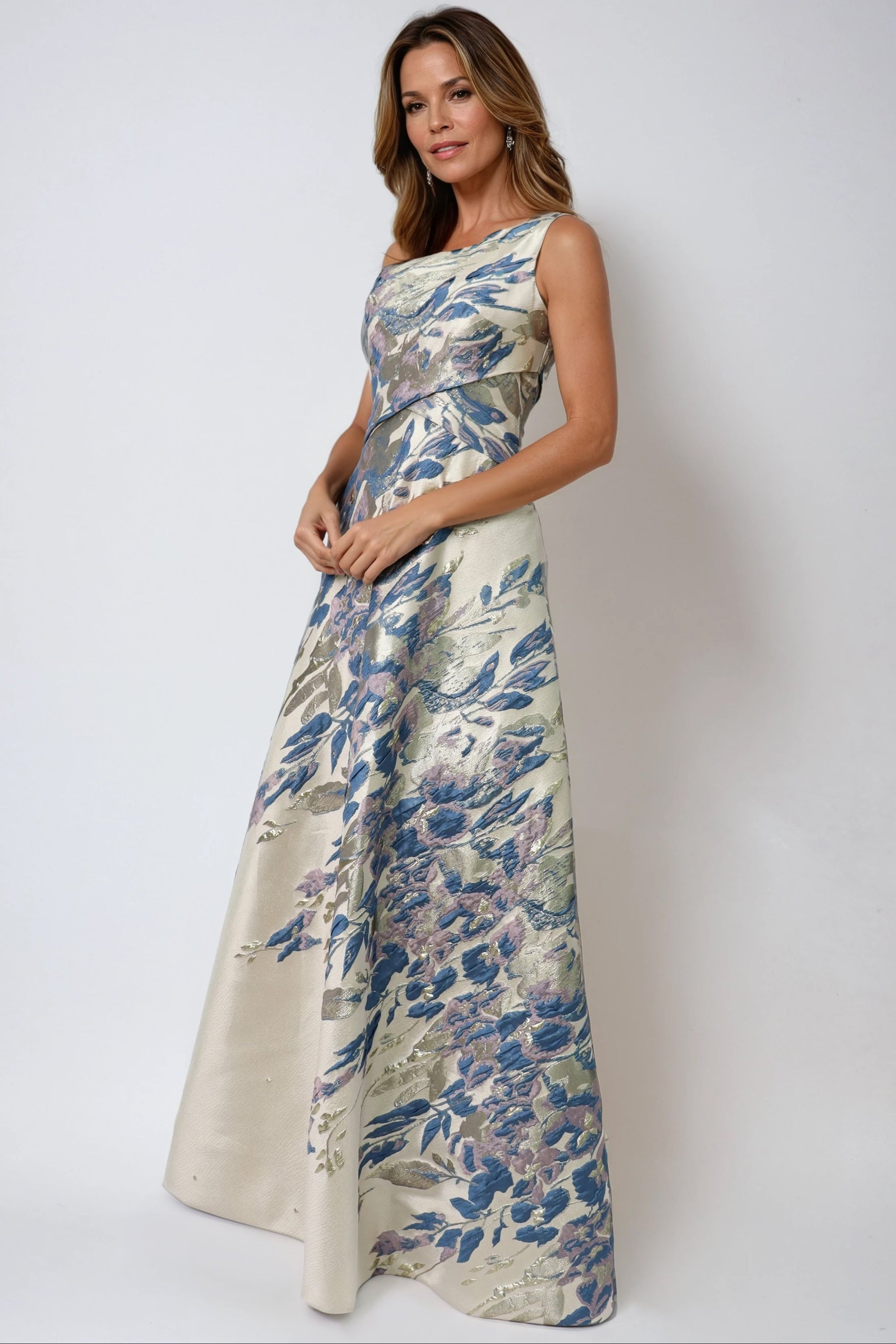 One Shoulder Brocade Metallic Floral A-Line Gown Gown Rene Ruiz Collection