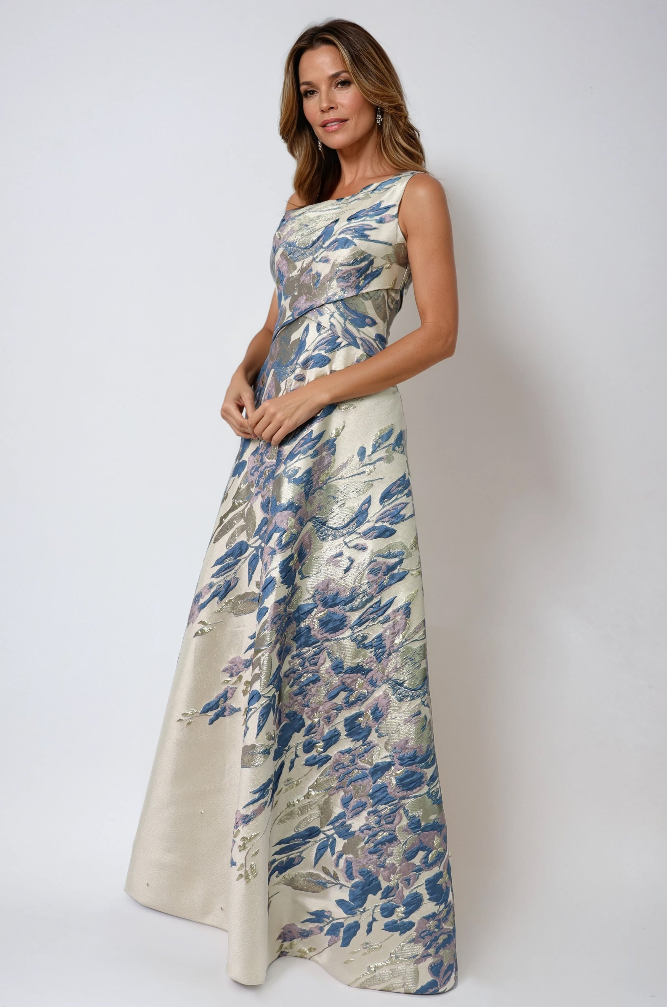 One Shoulder Brocade Metallic Floral A-Line Gown Gown Rene Ruiz Collection