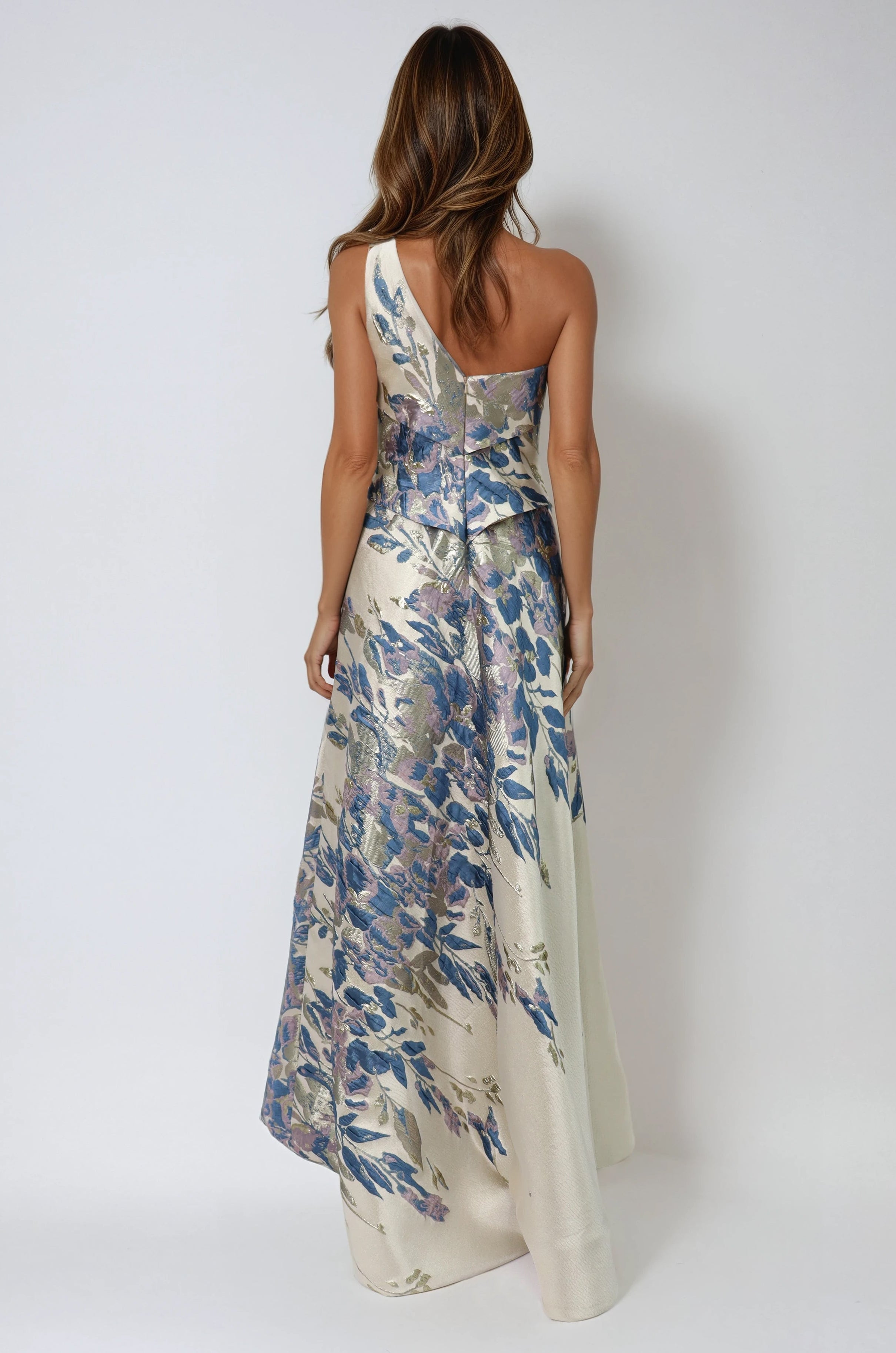One Shoulder Brocade Metallic Floral A-Line Gown Gown Rene Ruiz Collection