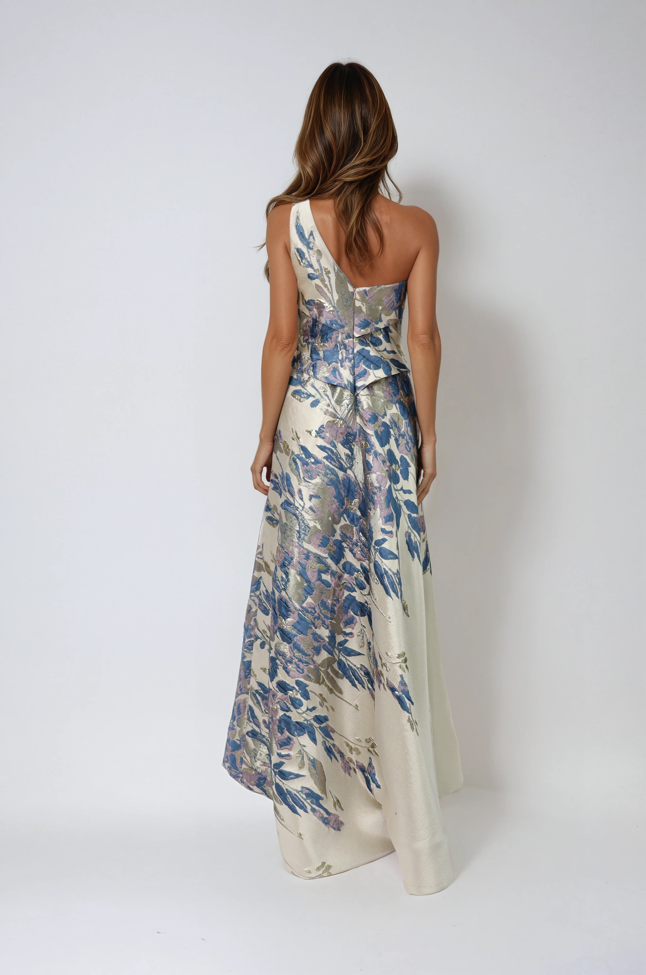 One Shoulder Brocade Metallic Floral A-Line Gown Gown Rene Ruiz Collection