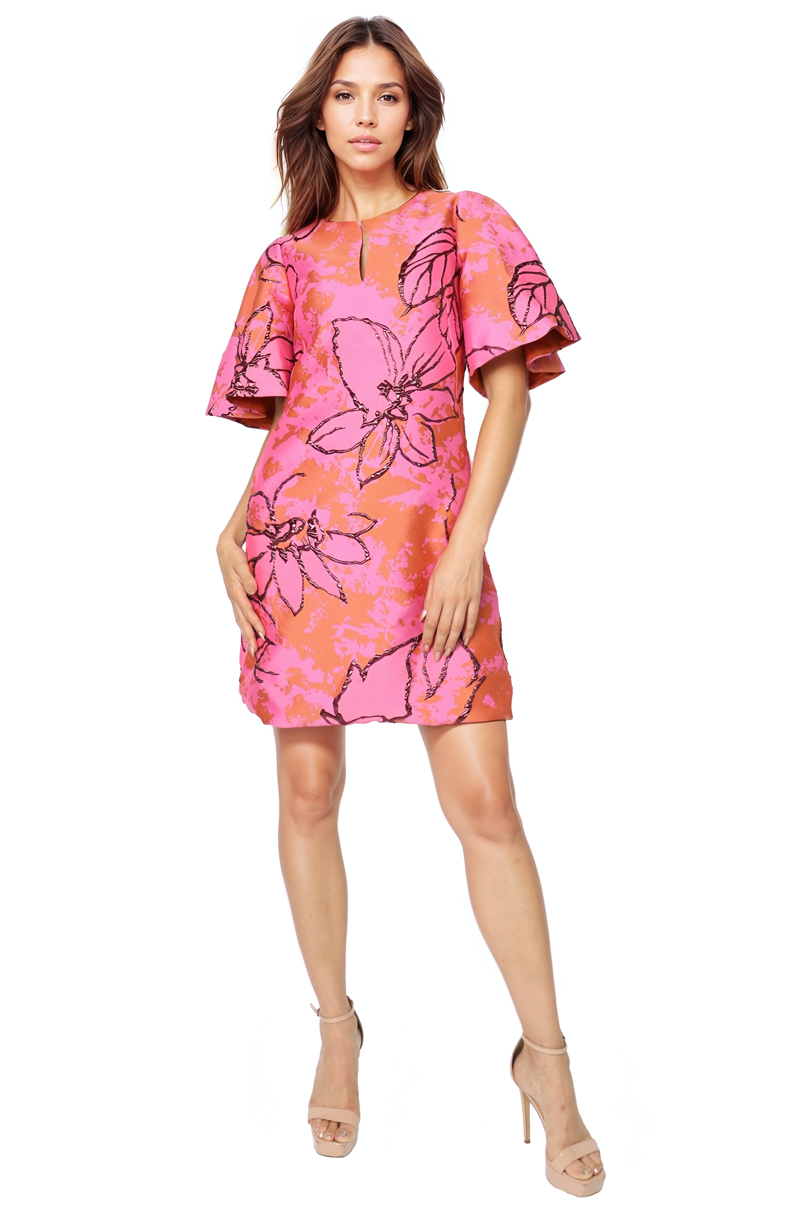 Floral Brocade Flare Sleeve A-line Cocktail  