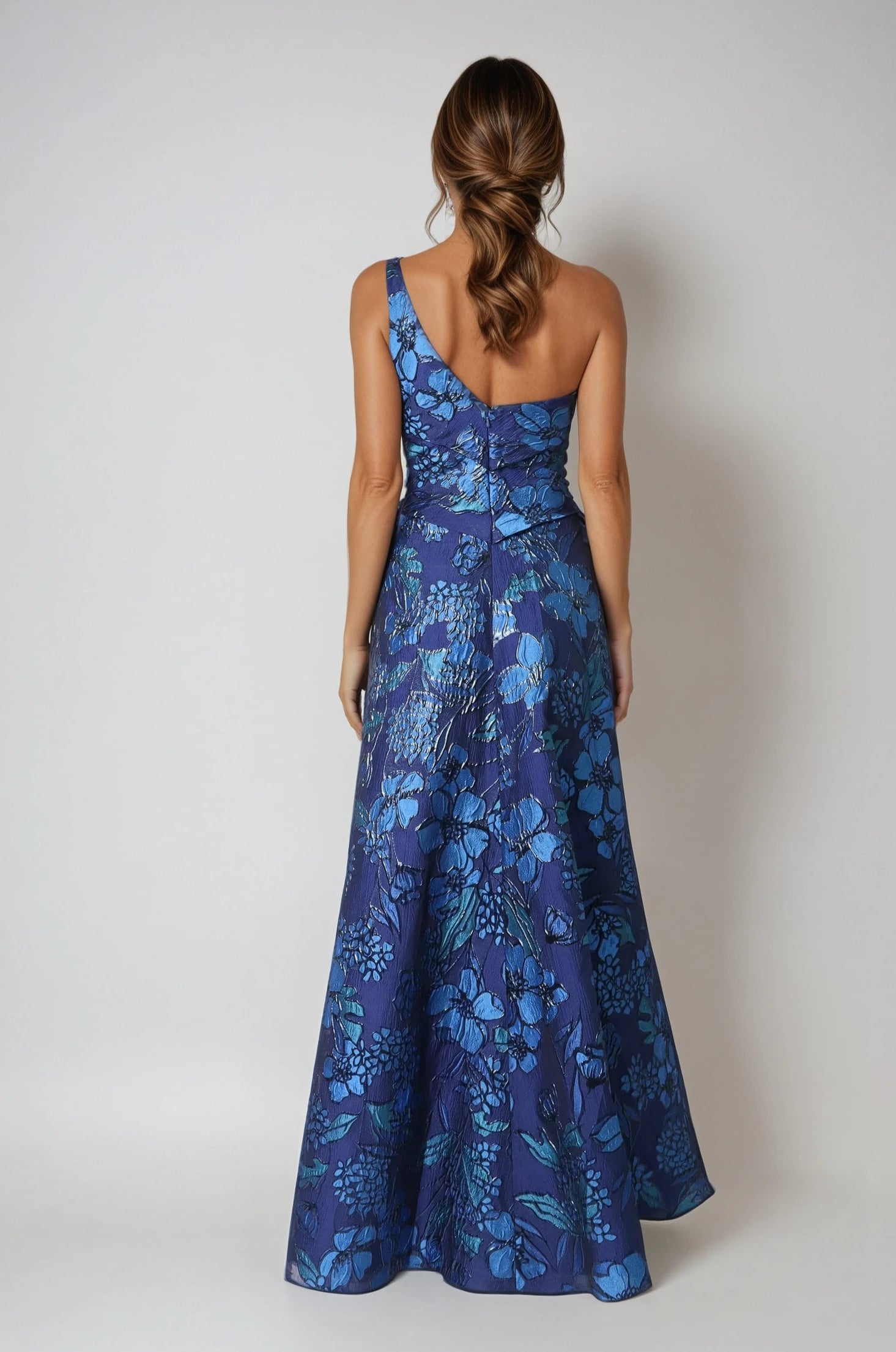 One Shoulder Brocade Metallic Floral A-Line Gown Gown Rene Ruiz Collection