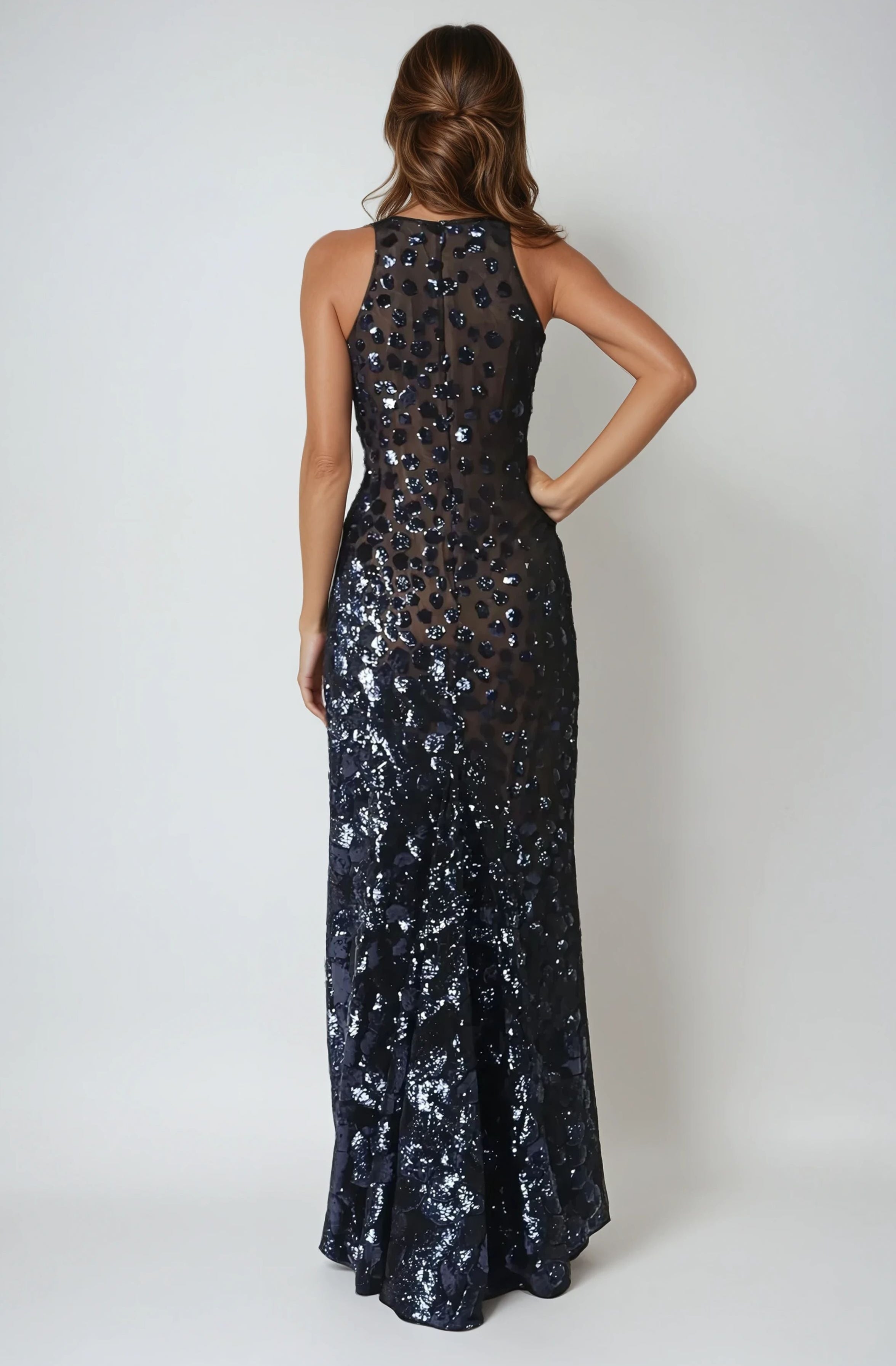 Halter Sequin Fit And Flare Gown Gown Rene Ruiz Collection