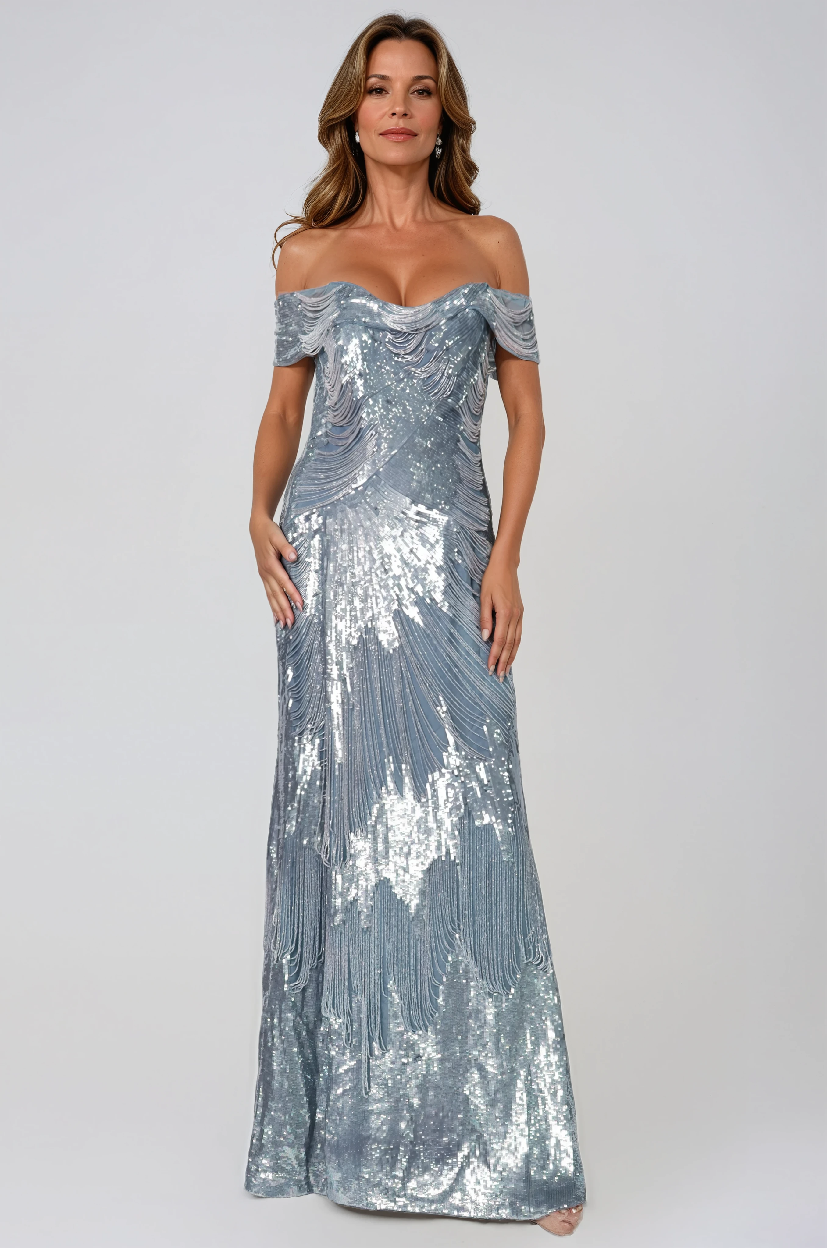 Off The Shoulder Beaded Column Gown Gown Rene Ruiz Collection