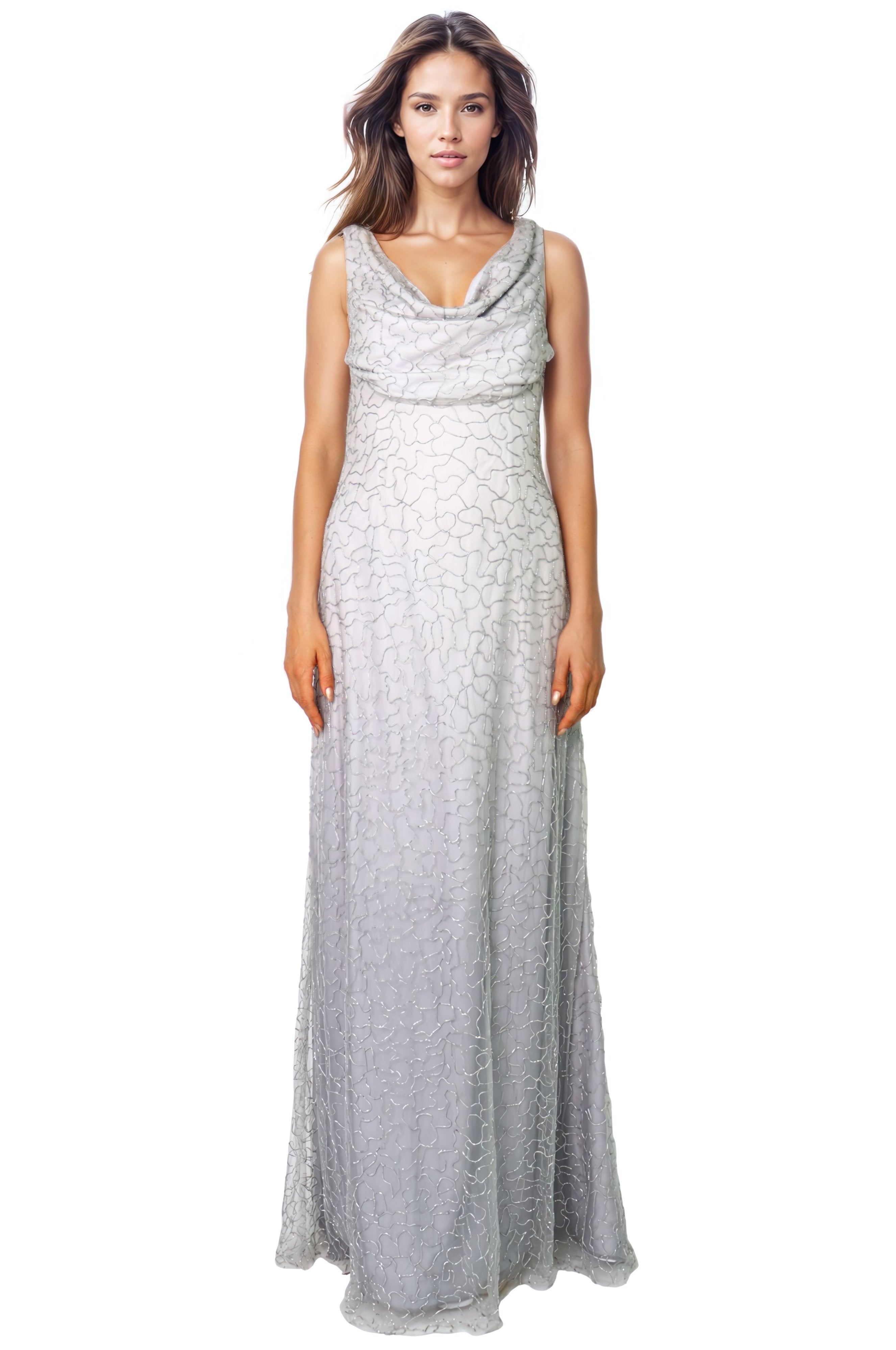 Cowl Neck Beaded Chiffon Fit And Flare Gown  