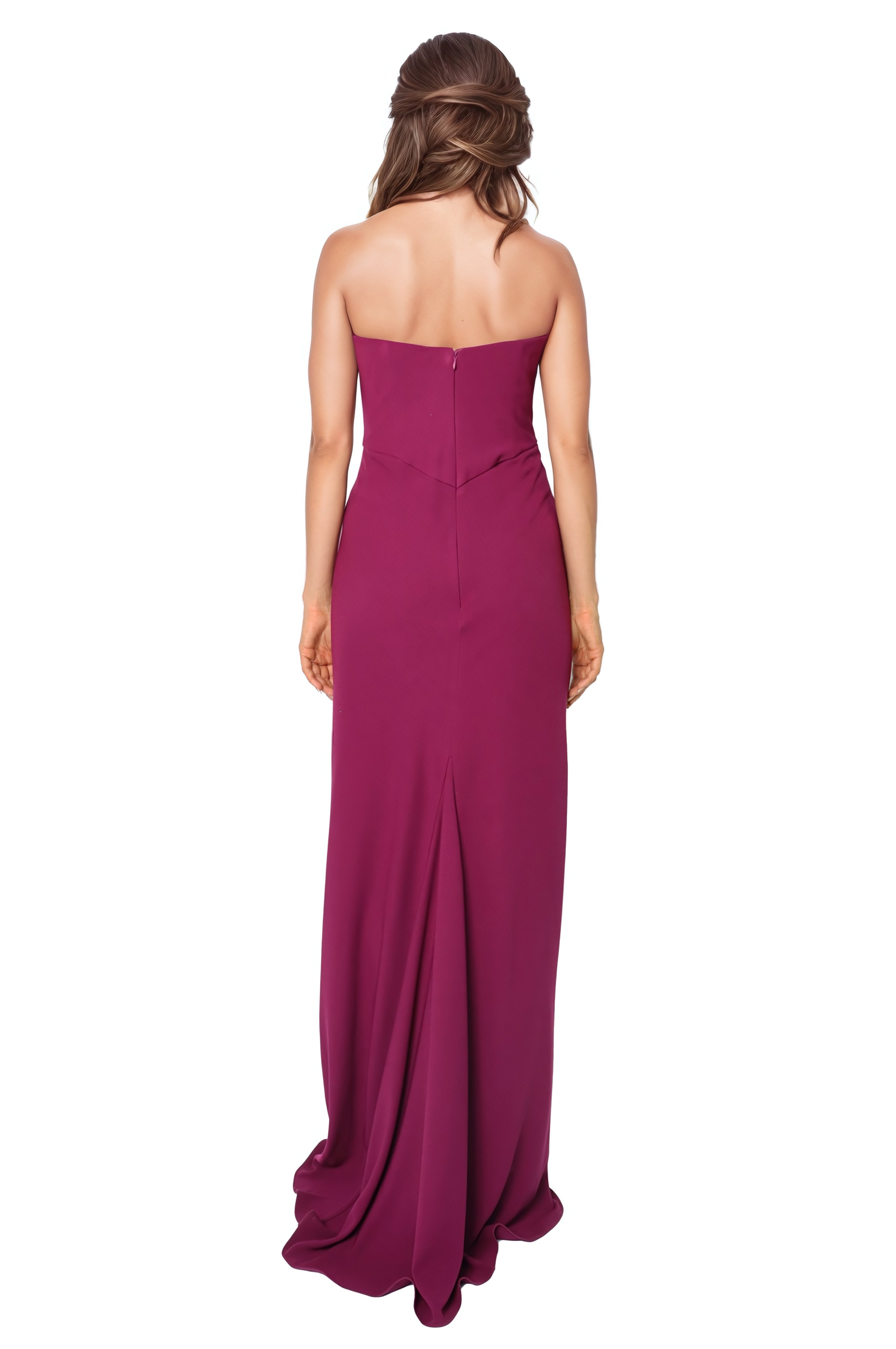 Strapless V Neck Draped Crepe Column Gown  