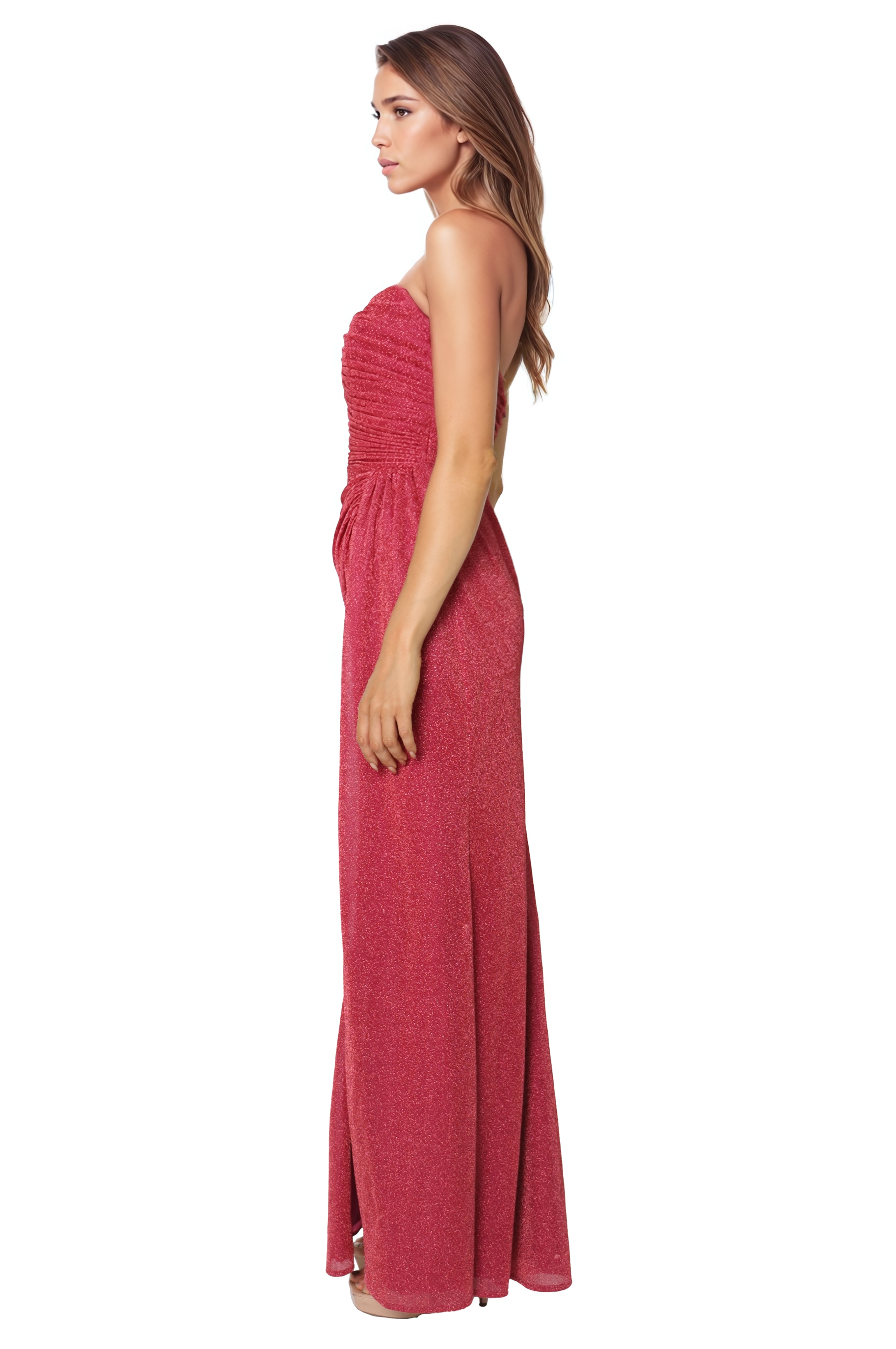 Strapless Metallic Knit Fit and Flare Gown  