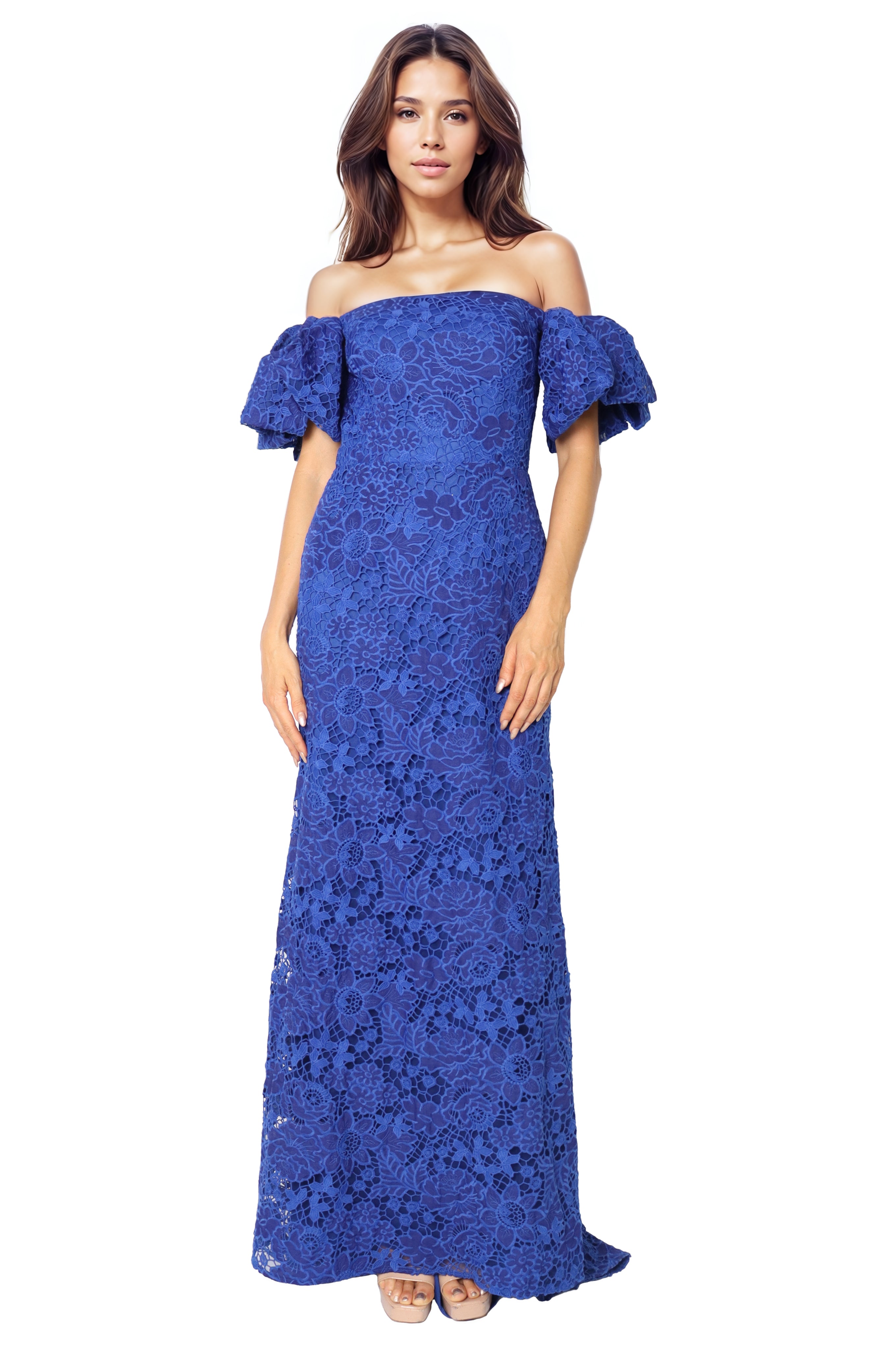 Off The Shoulder Fit And Flare Lace Gown  