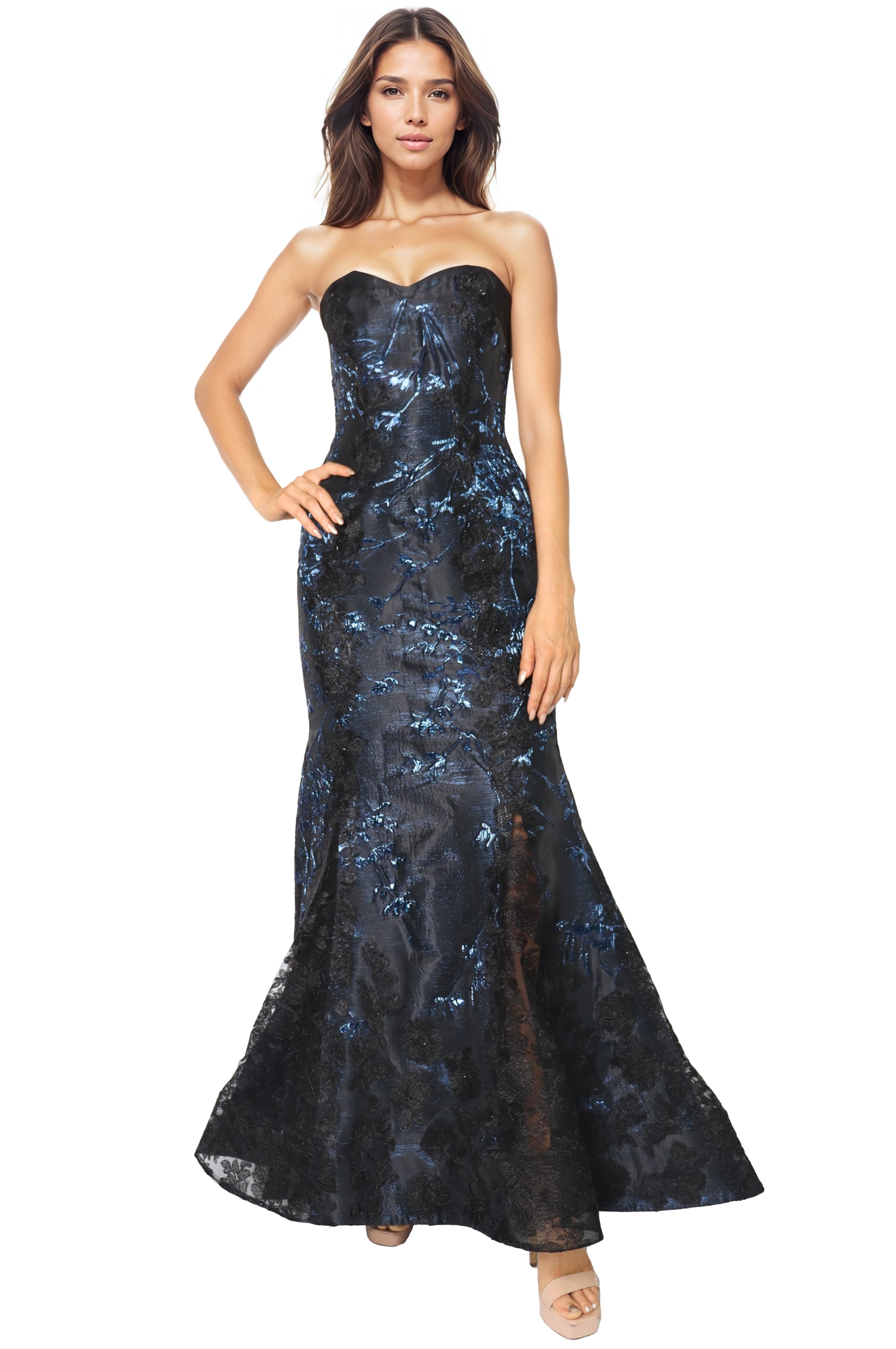 Strapless Jacquard Lace Fit And Flare Gown  