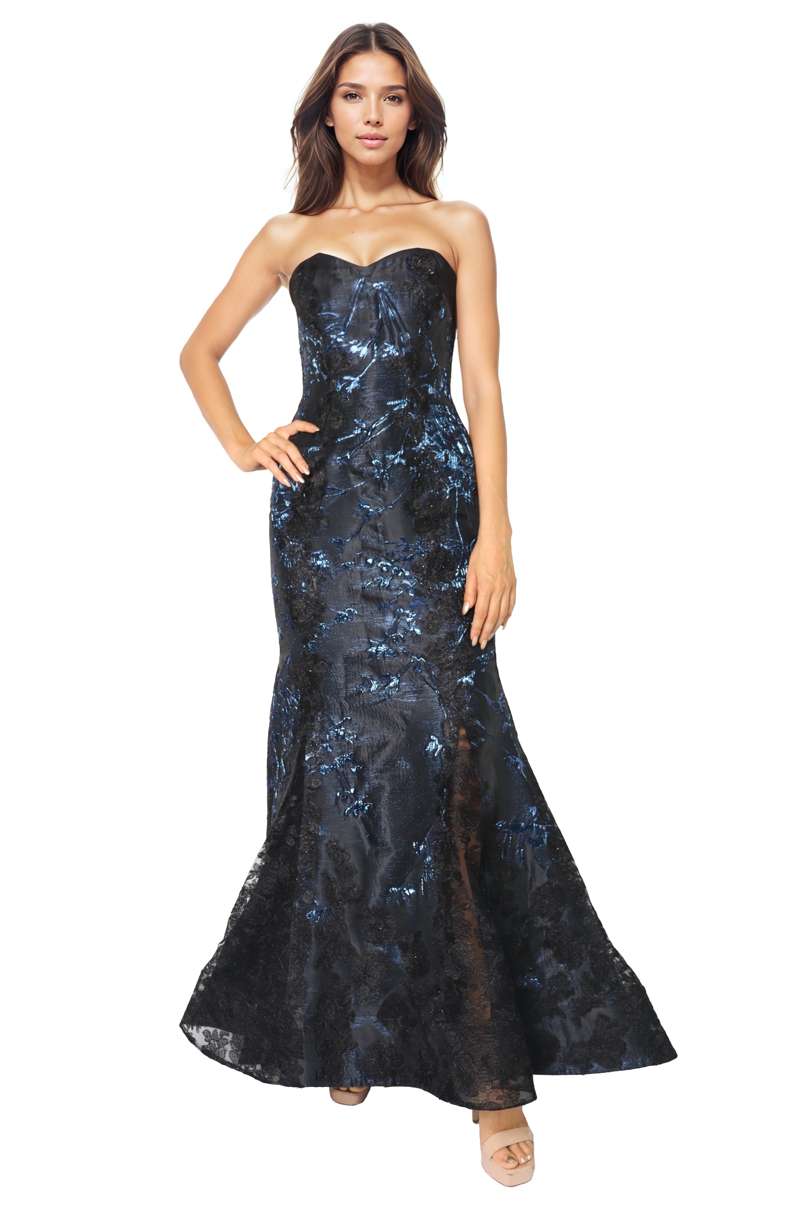 Strapless Jacquard Lace Fit And Flare Gown  